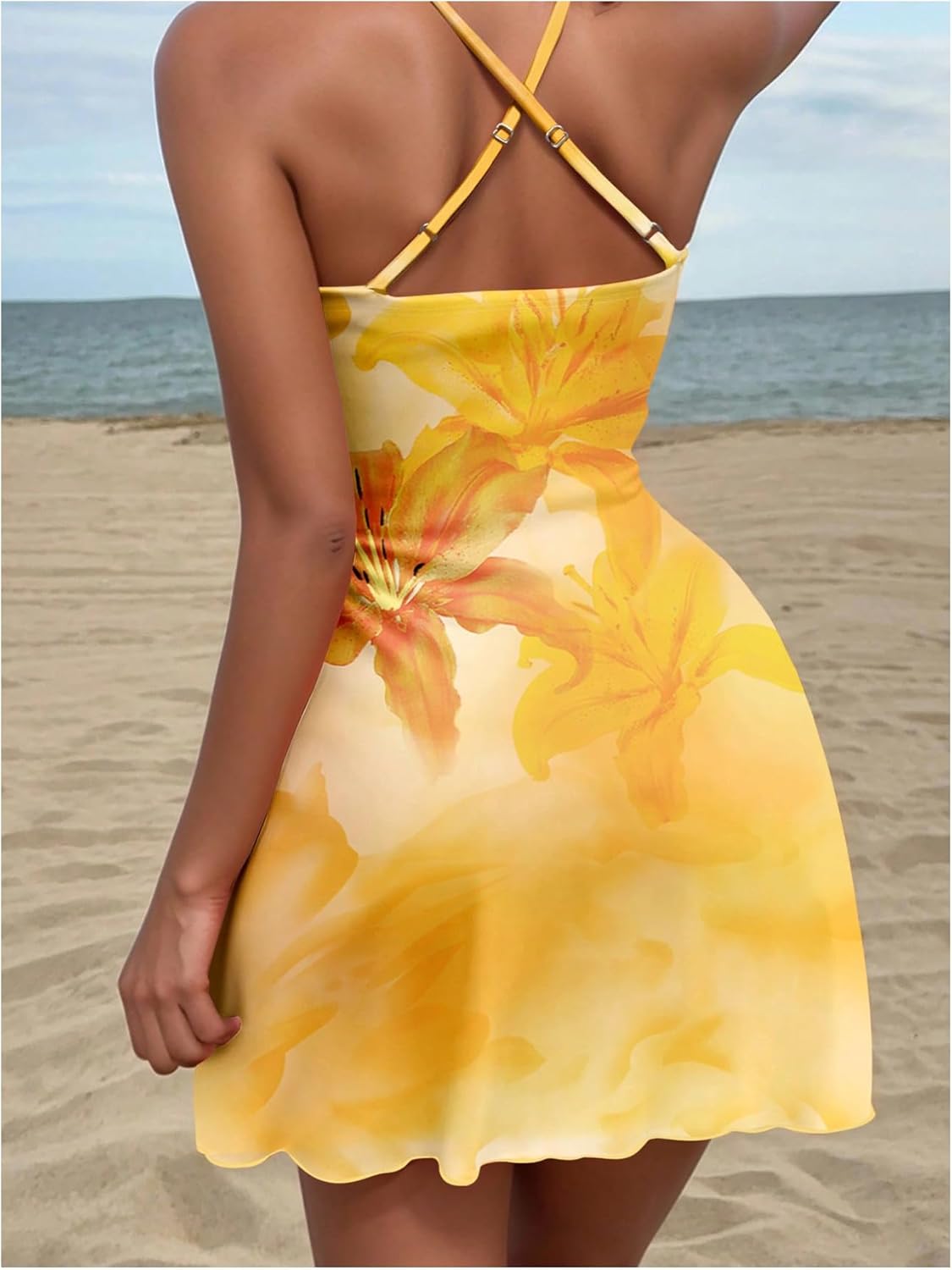 Women's Floral Cami Dress Y2k Draped Ruched Criss Cross Backless Coquette Dresses - Image 2