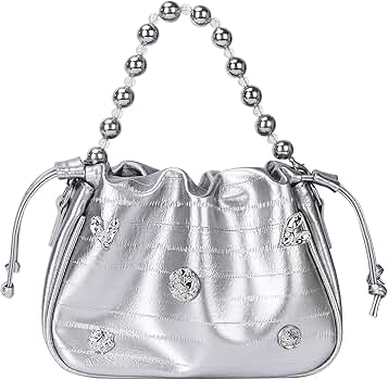 COAIMANEY Womens Y2k Sparkly Silver Handbag with Bead Chain