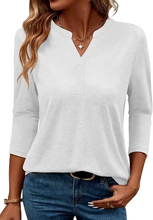 TICTICMIMI Womens V Neck 3/4 Sleeve Tops Button Down Casual T Shirts Basic Loose Fit Tunic Blouse