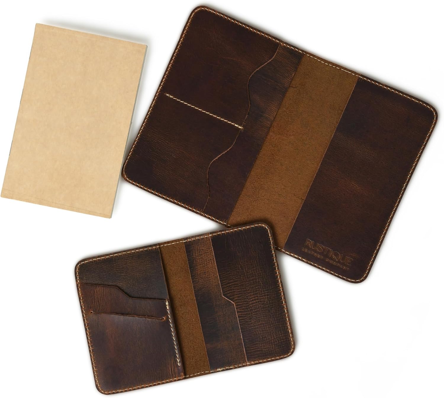 Rustique Leather Refillable Journal Cover (Combo of 3) for Field Notes with Card Holder and Pocket Notebook for Moleskine Cahier - Small Handmade Vintage Leather Cover (3.5" x 5.5", Brown)