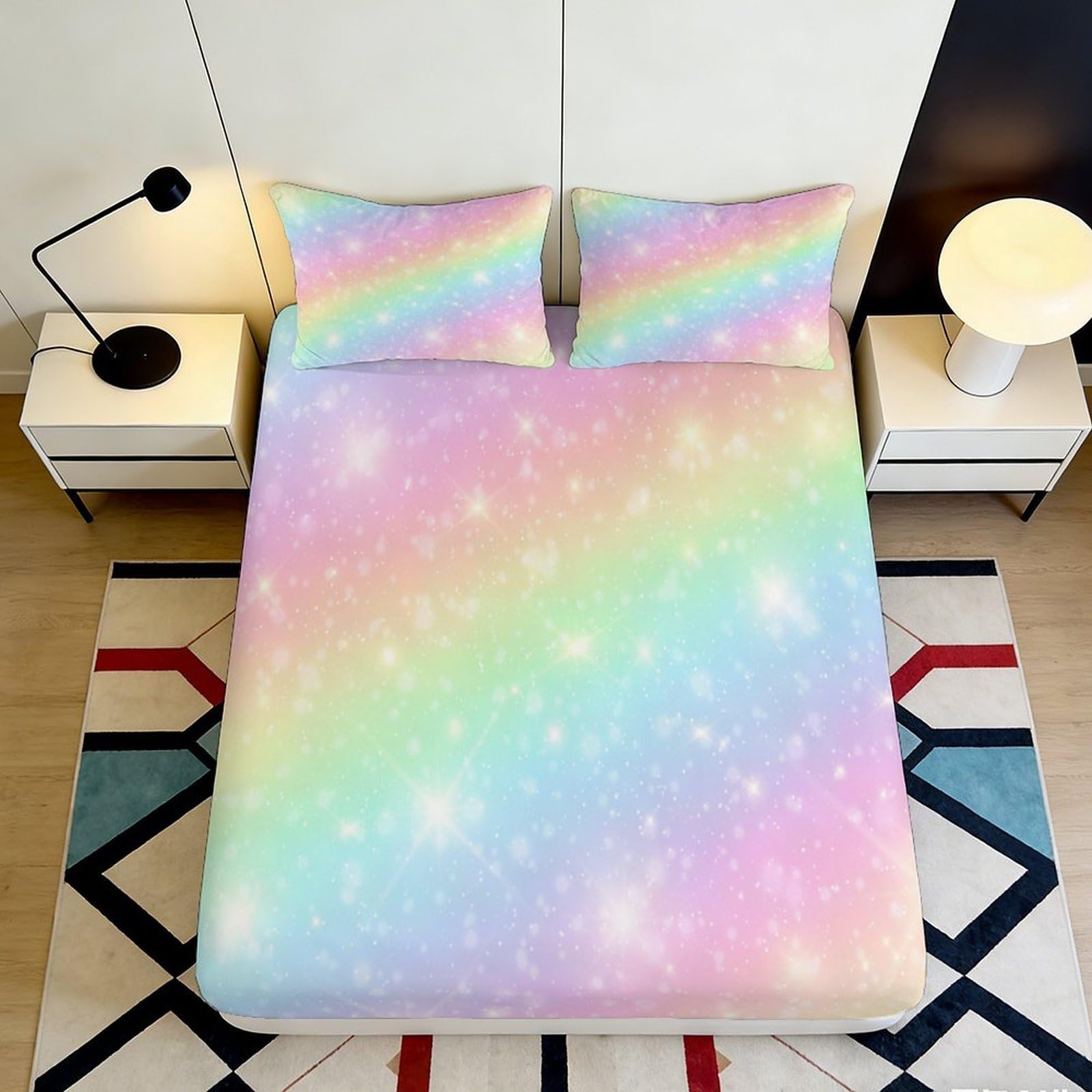 Uxinyoume Style-10 3D Printed Pastel Rainbow Fitted Sheet Microfiber Soft Gradient Galaxy Mattress Cover For Bedroom Guest Room Machine Washable 90X200x25cm