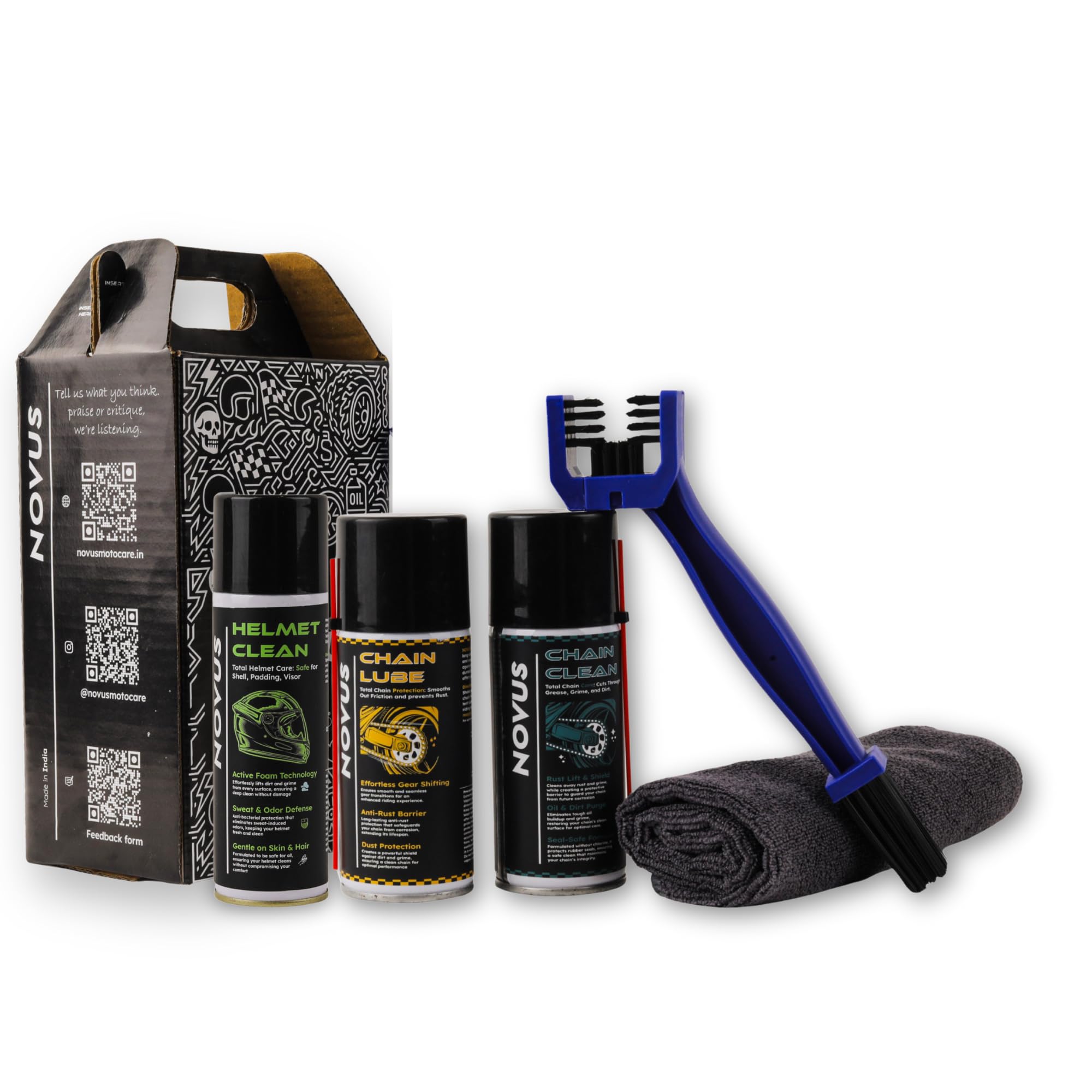 Novus Cleanest Deal Ever | Motorcycle Maintenance Kit | Chain Clean 150ML, Chain Lube 150ML, Helmet Clean 150ml, with Chain Cleaning Brush and 350GSM Microfibre Cloth-image-47