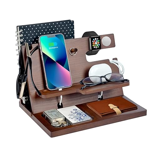 Geschenke für Männer Weihnachten Holz Telefon Dockingstation Uhren Geldbörsen Nachttisch Organizer Geburtstag Geschenk Papa, Geburtstagsgeschenke für Männer oder Vater Schreibtisch Organizer Holz - Braun-9
