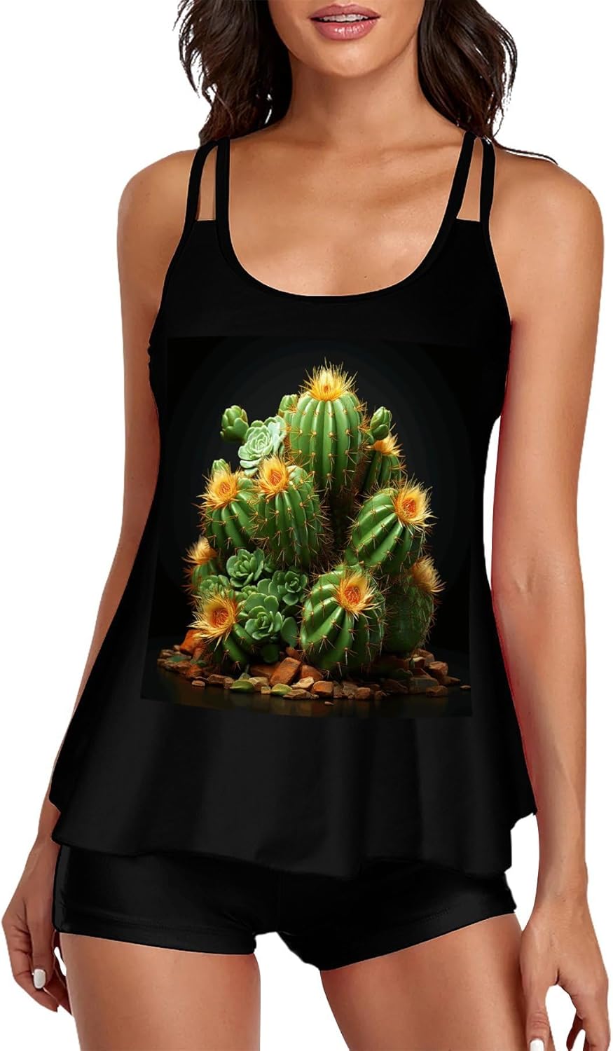 Cacti and Succulents Tankini Swimsuits for Women Tummy Control Two Piece Bathing Suits Swim Tops with Boy Shorts