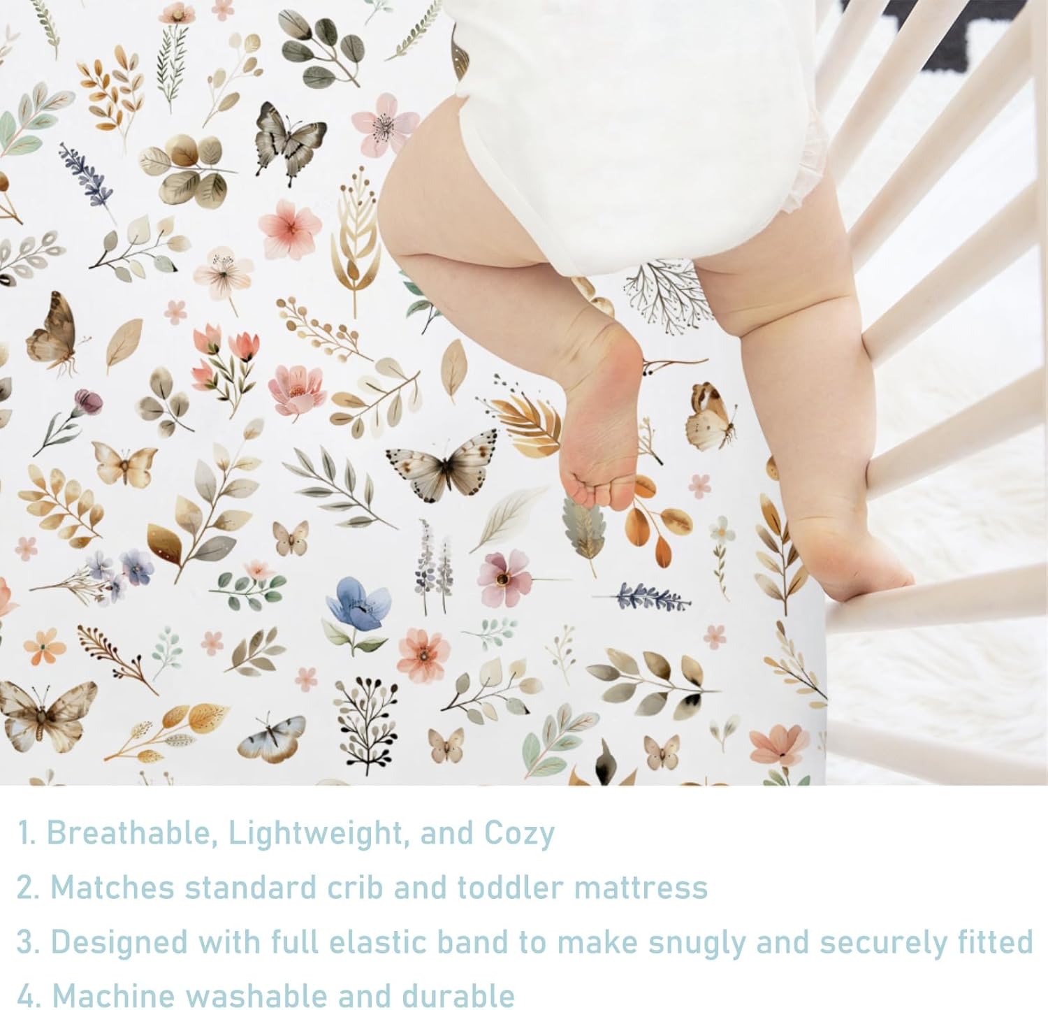 Retro Boho Floral Leaves Butterflies Baby Crib Sheet 52''x28'' Botanic Garden Spring Stretchy Fitted Crib Mattress Cover for Boy Girl Plants Soft Nursery Bed Sheet for Standard Crib & Toddler Mattress
