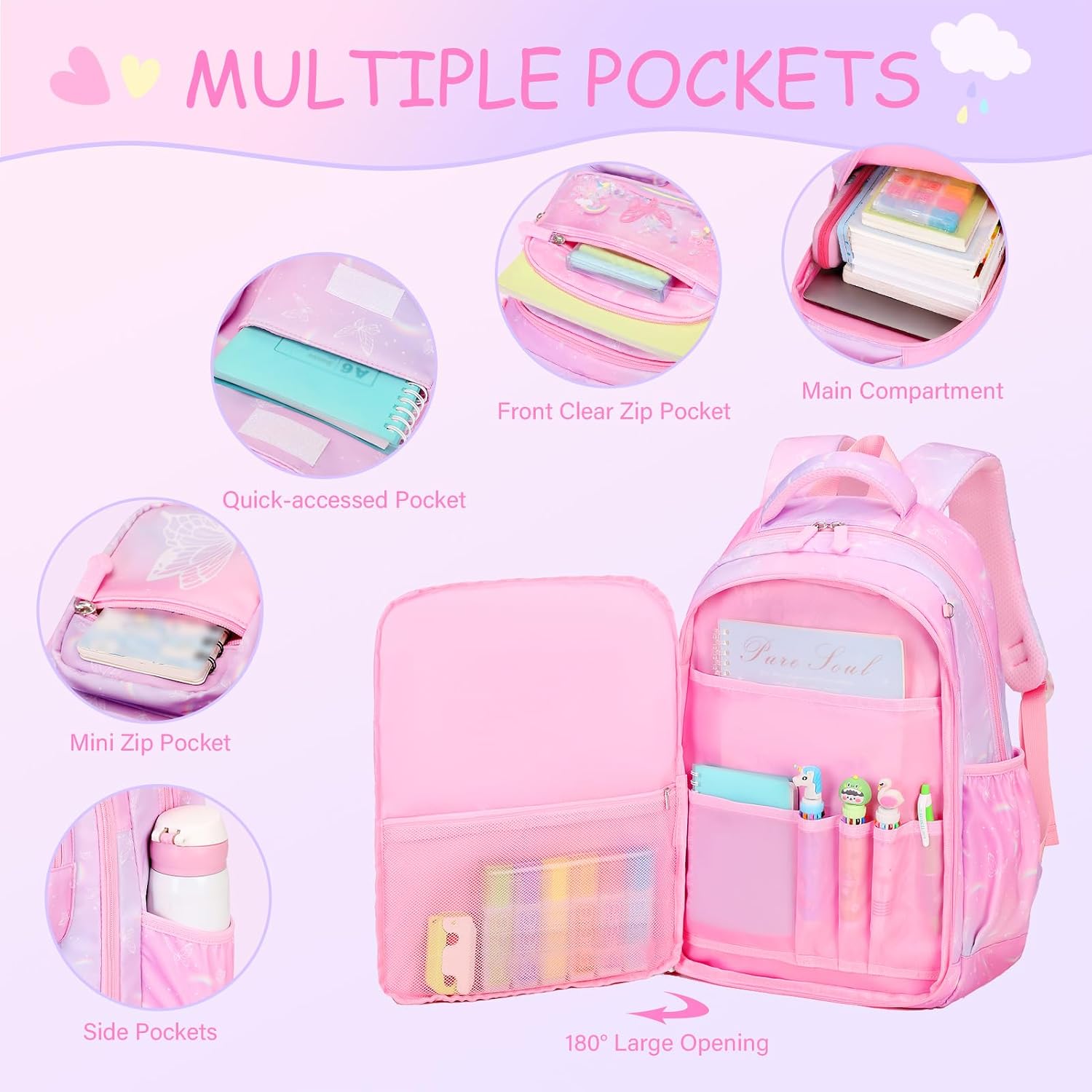 ACESAK Kids School Backpack for Girls, Rainbow Bookbag Backpack with 14OZ Water Bottle, Lunch Bag Set for GirlsTeens Middle Student, Girls Backpacks for School (Pink)