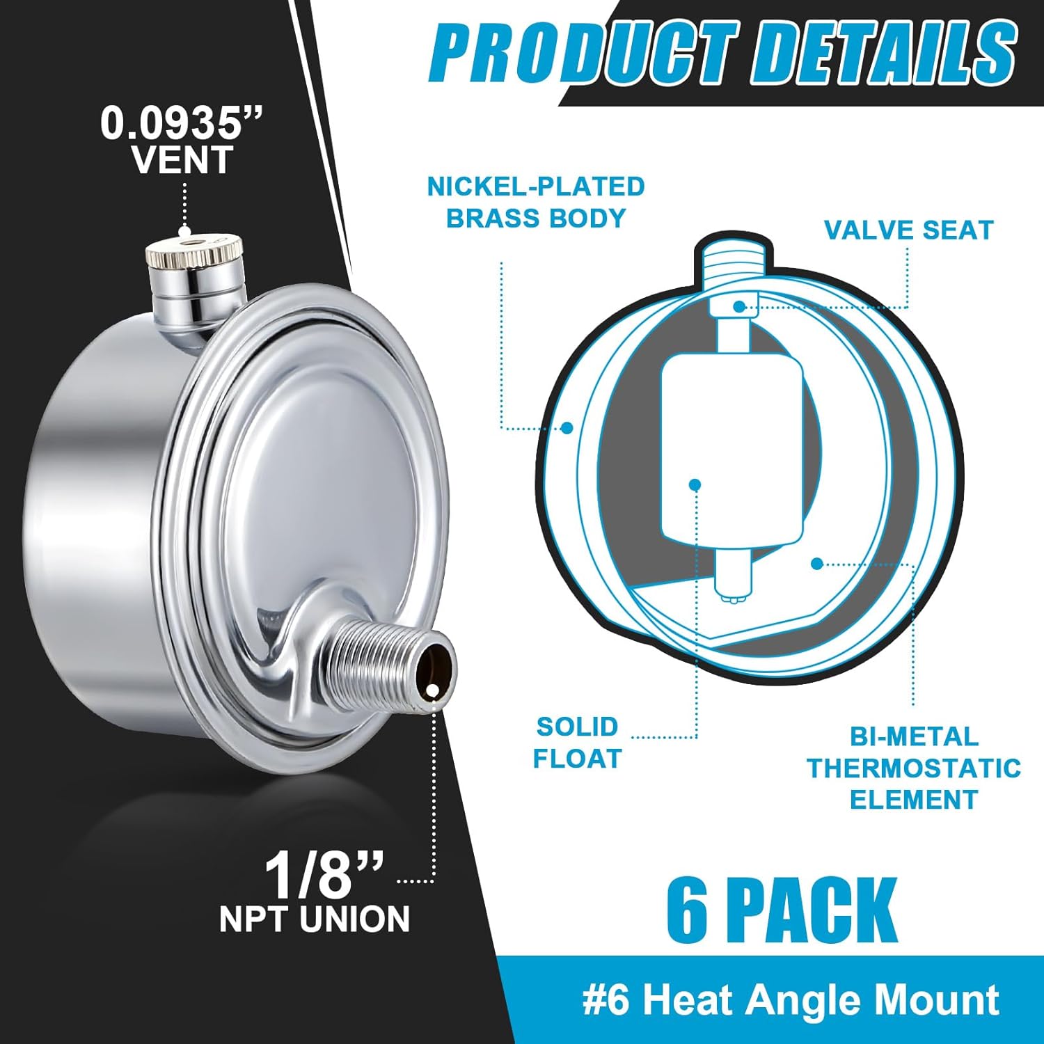 Gisafai 6 Pack Steam Radiator Air Valve #6 1/8" Steam Air Vent Angle Mount Heat Regulator Valve Chrome Plated Copper Vent for Winter Radiator Parts