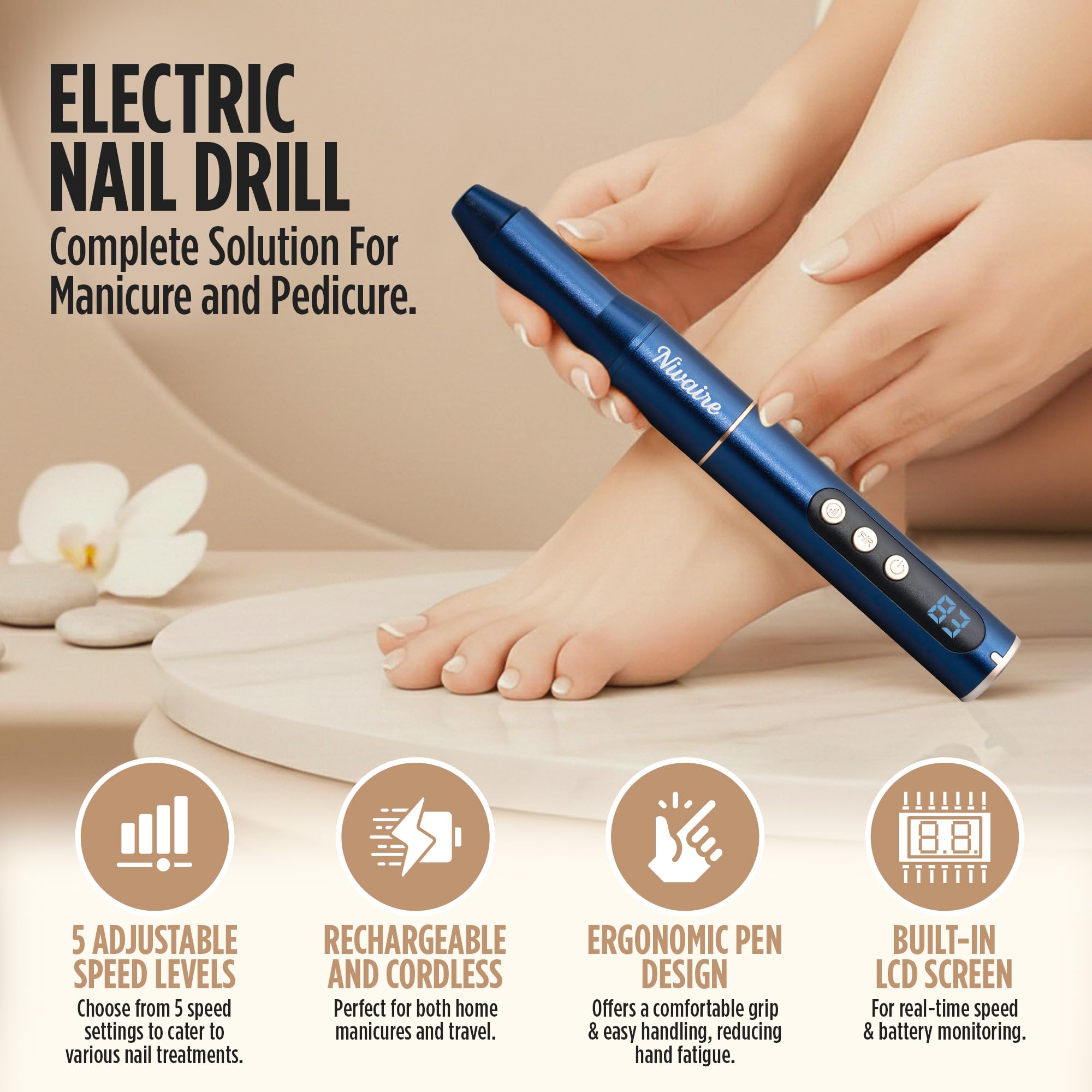 Nivaire Cordless Electric Nail Drill Kit with LCD Display and Rechargeable Filing Tool
