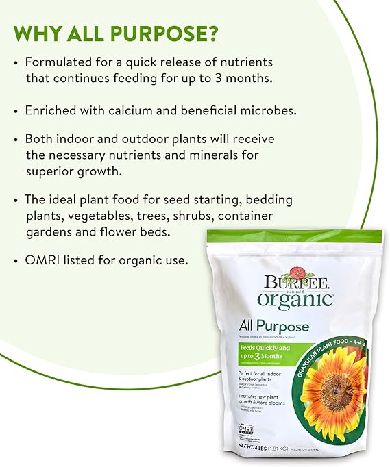 Burpee Natural Purpose Granular 4-Lb Organic Food for Growing Strong Plants | Good for Vegetable Garden, Flower Garden & Seed Starting, 4 lb, 4lb. Bag
