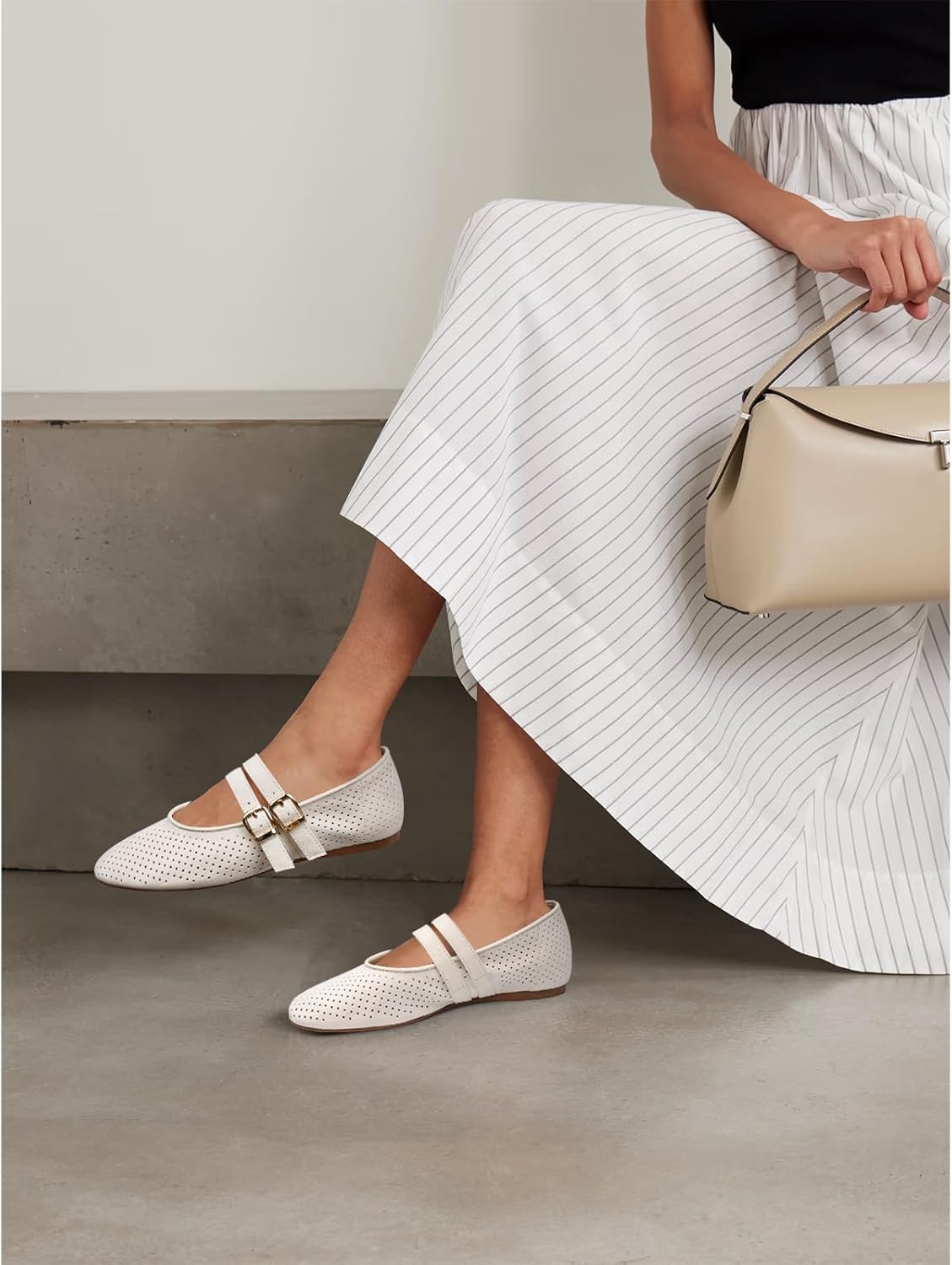 UBWDU Suede Mary Jane Flats for Women Perforated Round Toe Ballet Flats Comfortable Ballerina Shoes with Double Buckle Strap - Image 2