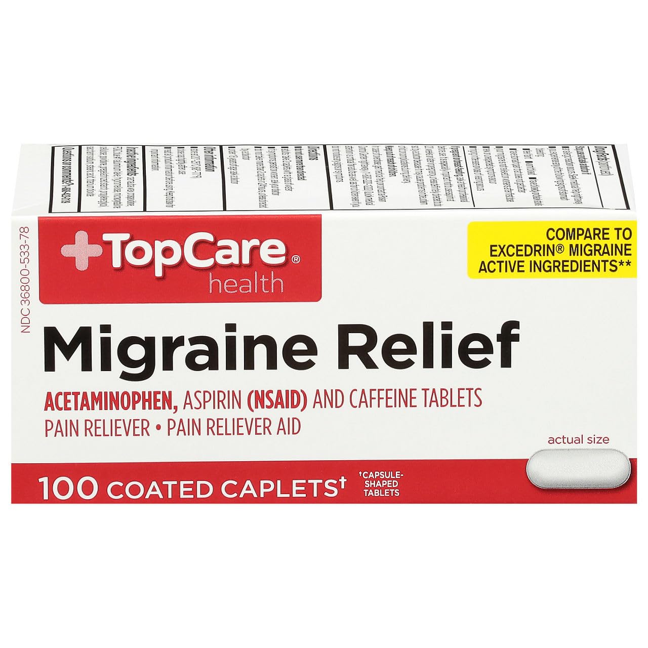 Topcare, Migraine Formula Actmnphn Aspirin Caffeine Pain Relief Caplets, 100 Count