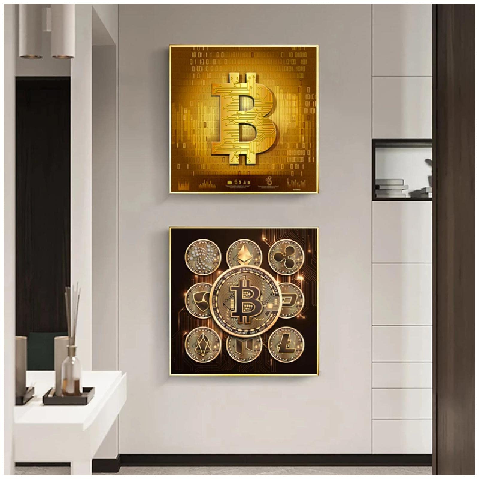 Amazon.co.jp: ポスタープリントゲットリッチビットコインウォールアートマネーキャンバスペインティング写真モダンオフィスホームウォールデコレーション（55x55cm）×2pcsフレームレス  : ホビー