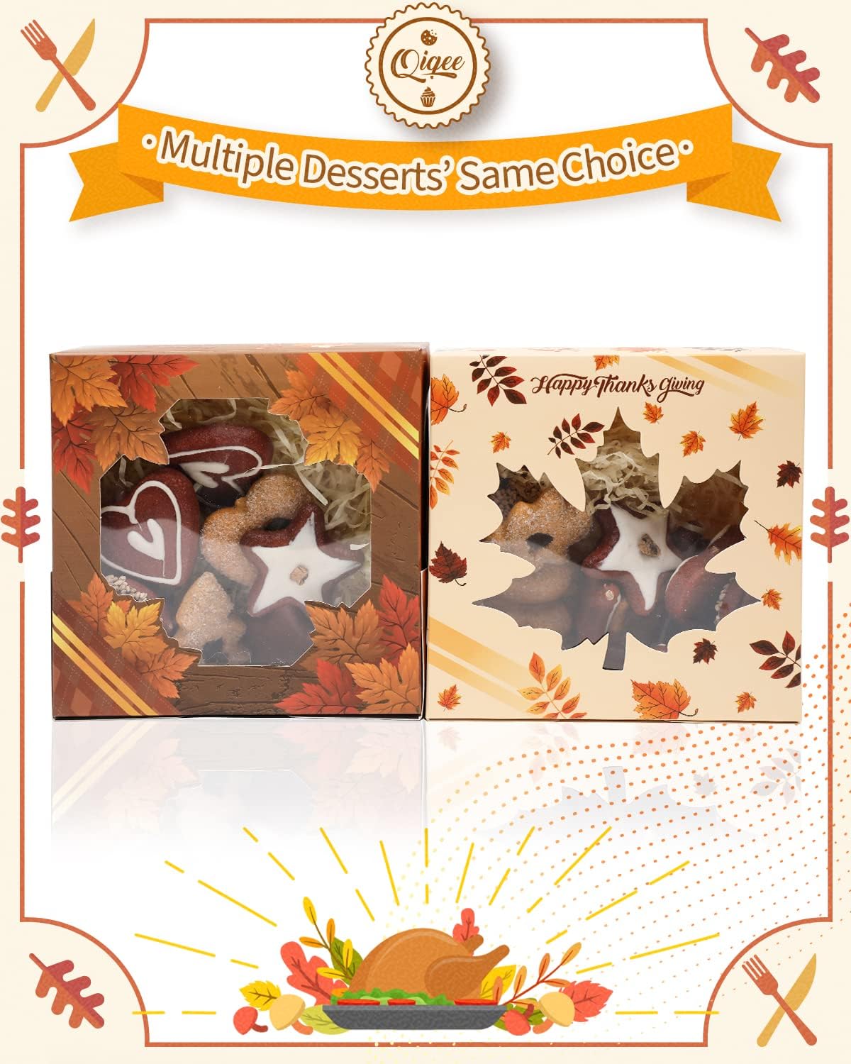 qiqee Thanksgiving Bakery Box with Window 60packs 6x6x3 Gold Leaves Cookie Boxes Pastry Box for Thanksgiving Day image 3