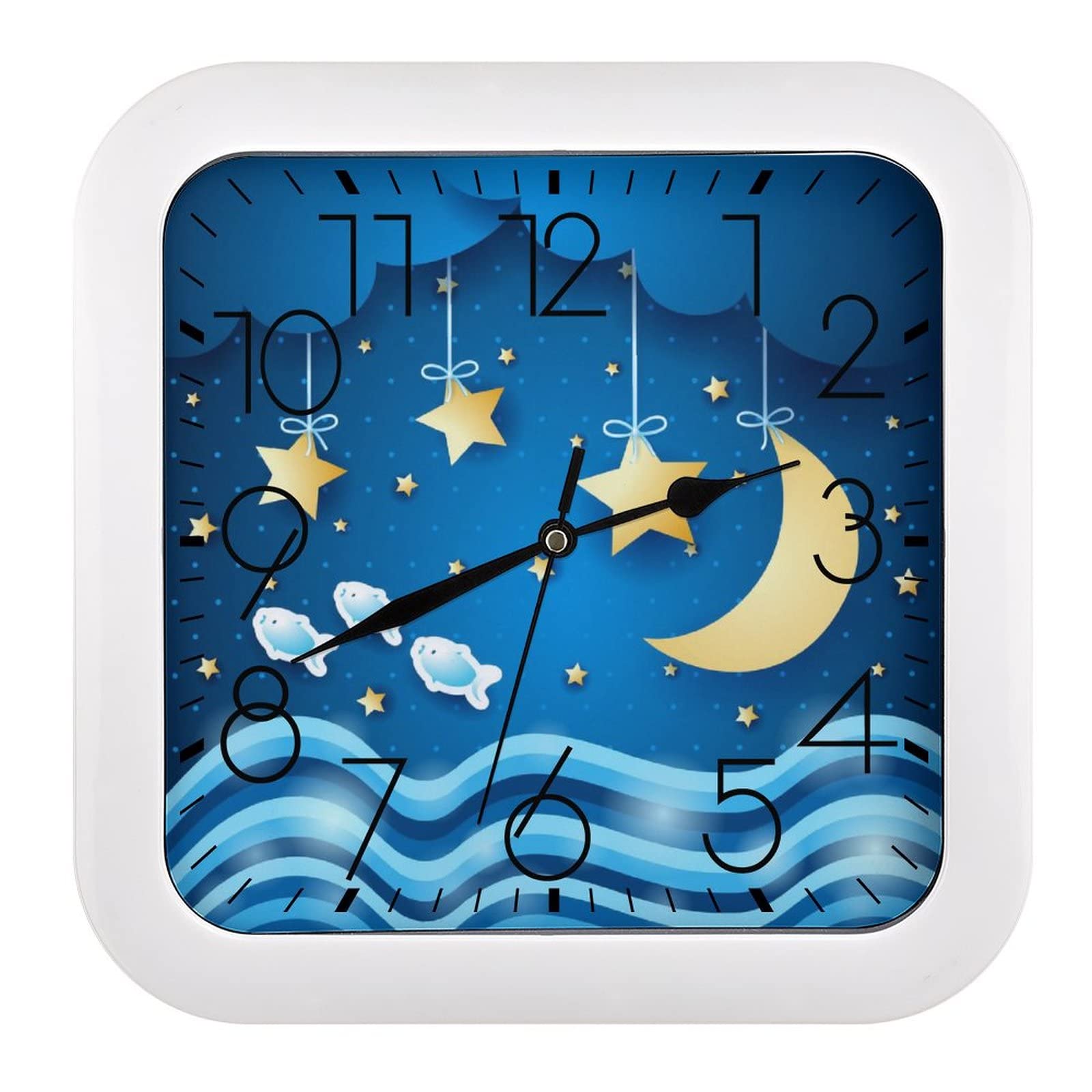 Pendule murale silencieuse Etoile Lune Poisson moderne pour bureau et école 26x26cm