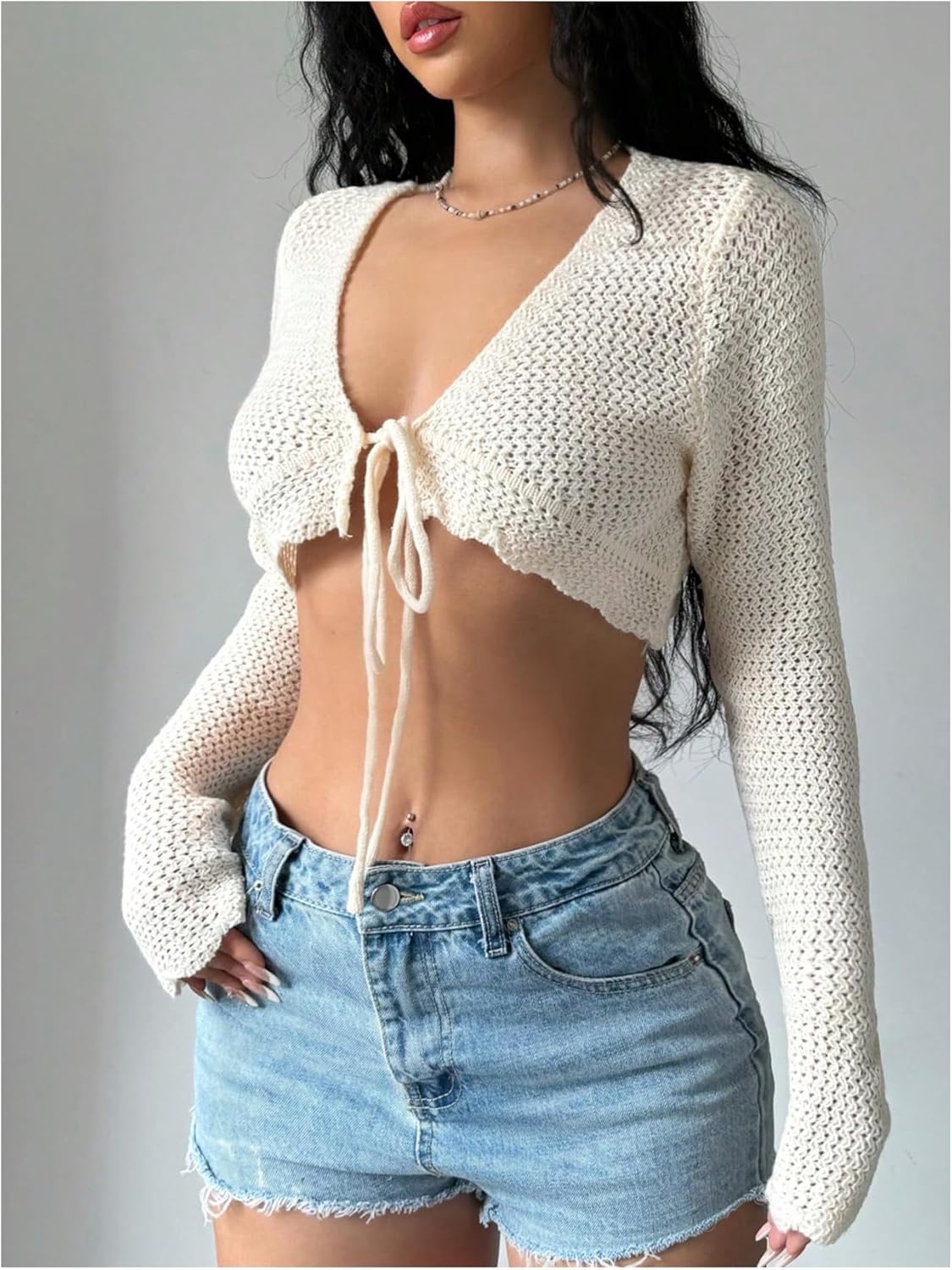 GORGLITTER Women's Tie Front Crop Cardigan Long Sleeve V Neck Lightweight Knit Fall Cardigans Sweater - Image 4