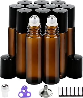 PrettyCare 12-Pack 10ml Amber Glass Essential Oil Roller Bottles with Stainless Steel Balls, Leakproof Roll-Ons, Funnels, Labels & Opener