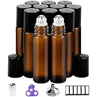 Vista 1 de PrettyCare Paquete de 12 botellas de vidrio ámbar para aceite esencial con bola de rodillo de acero inoxidable – Botellas vacías recargables a