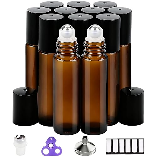 PrettyCare Paquete de 12 botellas de vidrio ámbar para aceite esencial con bola de rodillo de acero inoxidable – Botellas vacías recargables a