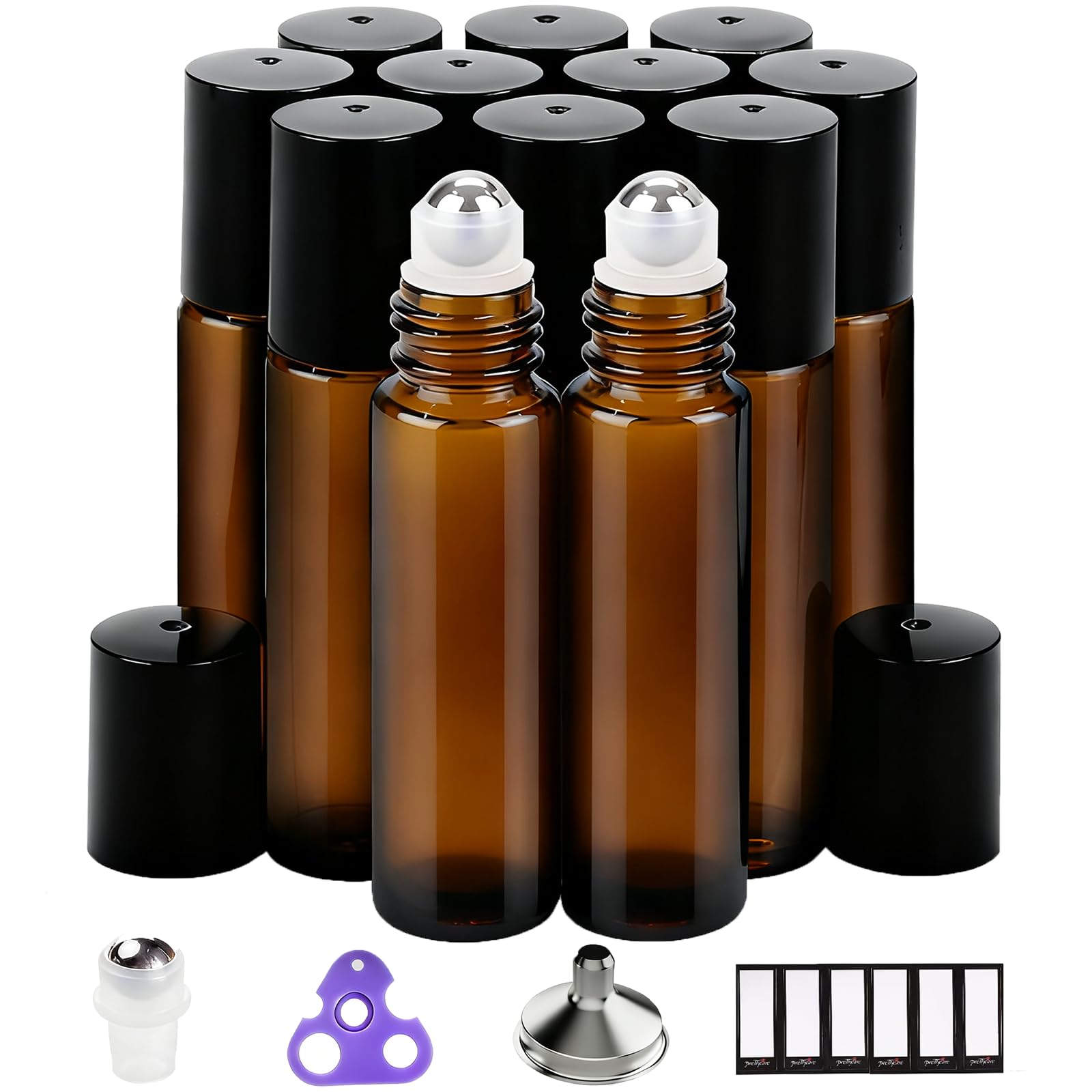 PrettyCare 12-Pack Amber Glass Roller Bottles for Essential Oil with Stainless Steel Roller Ball - 10 ml Refillable Leak-proof Empty Roll on Bottles