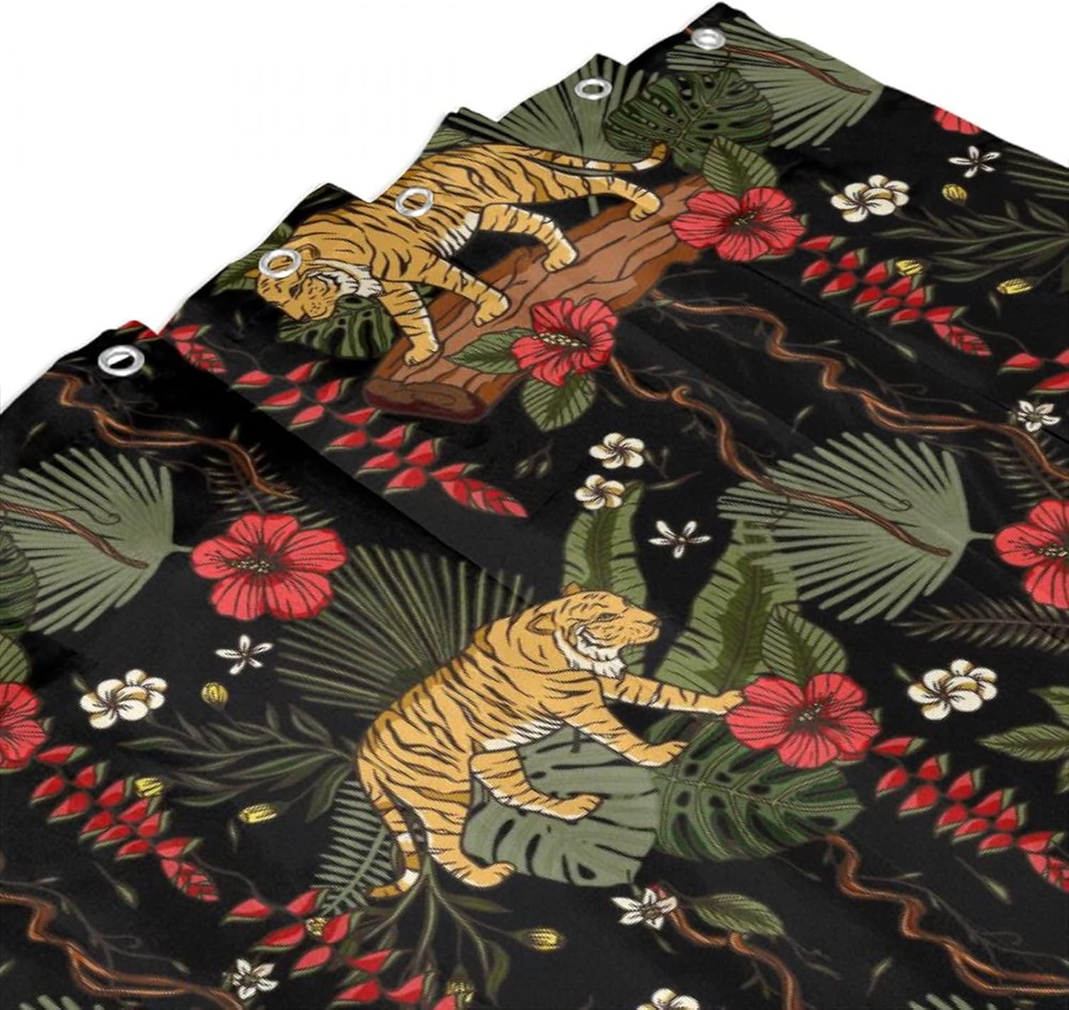 Tiger Tropical Palm Leaf Waterproof Fabric Shower Curtain,Rainforest Red Flower Wildlife Animal Tiger Soft Hotel Quality Cloth Shower Light-Weight & Machine Washable - 72L x66W