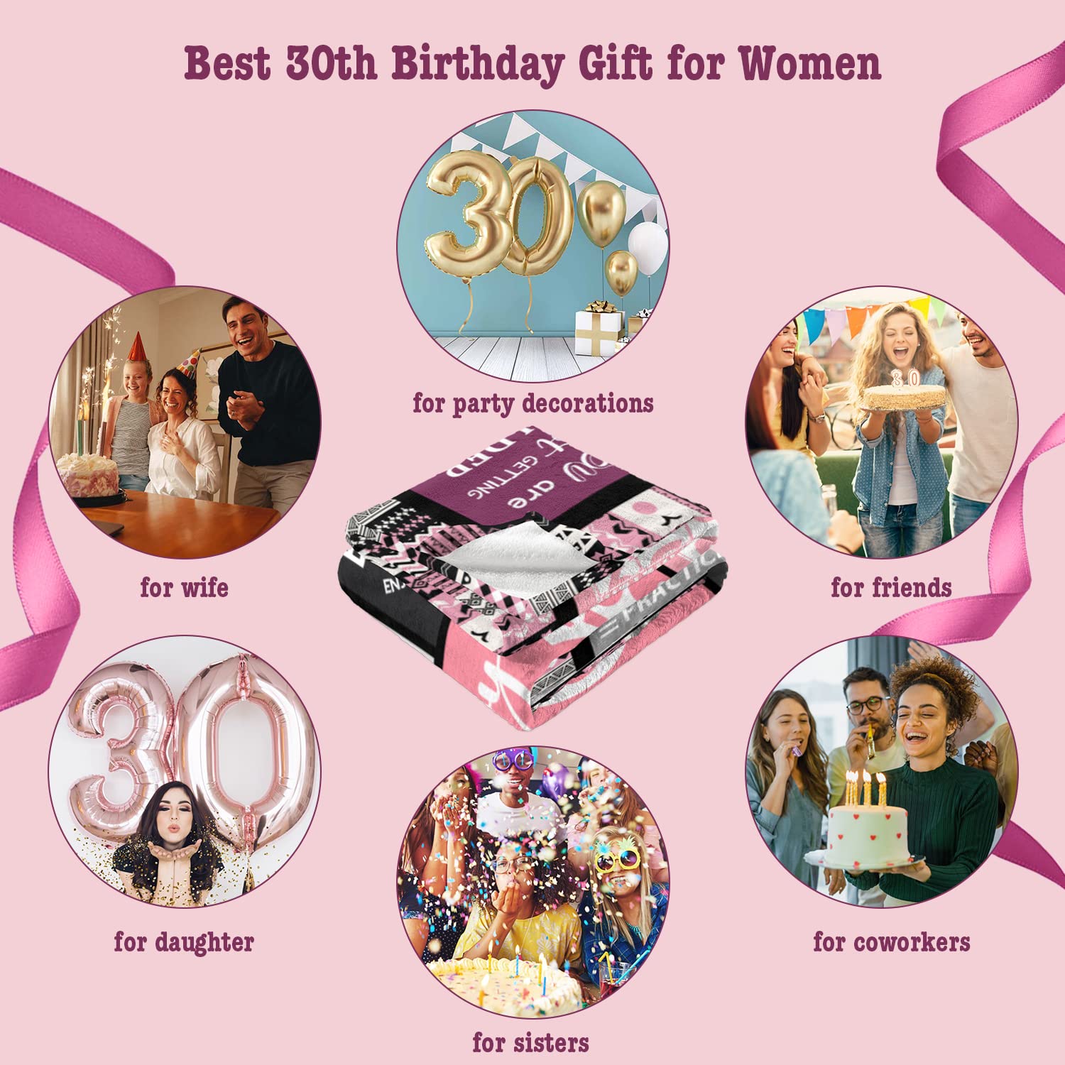 Yesbird Regalo de 30 cumpleaños para ella, decoraciones de cumpleaños número 30 para mujeres, regalos de feliz cumpleaños 30 para mujeres, regalo de cumpleaños de 30 años, manta decorativa de