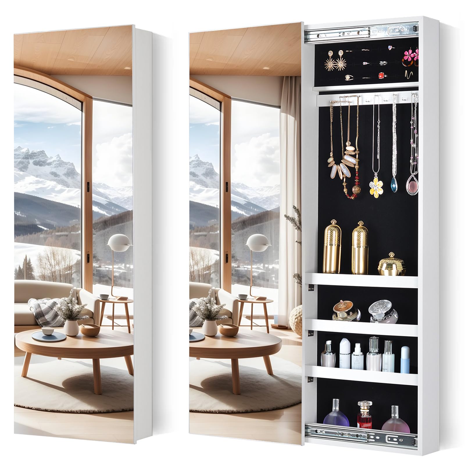 cermug Mirror Jewelry Storage Cabinet Armoire, 42.7-Inch Wall Mounted Jewelry Qrganizer, Slide Over the Door Hanging Jewelry Armoire with Mirror, Full Length Mirror with Jewelry Storage - White