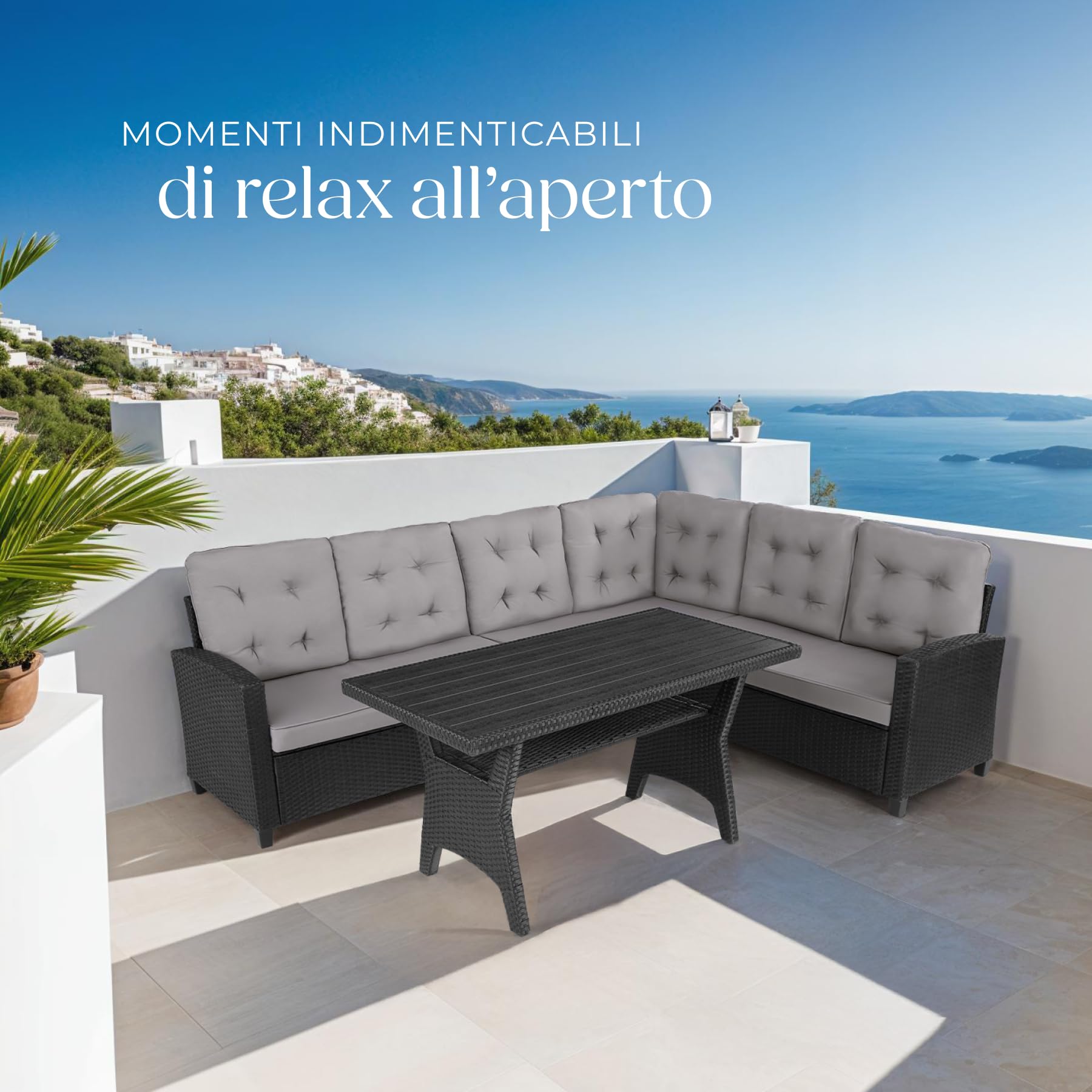 Tectake Salottino in Rattan Catania Set Giardino con Tavolino Salotto 2 Sofà 1 Sofà Angolare Cuscini Idrorepellenti Resistente ai Raggi UV Nero
