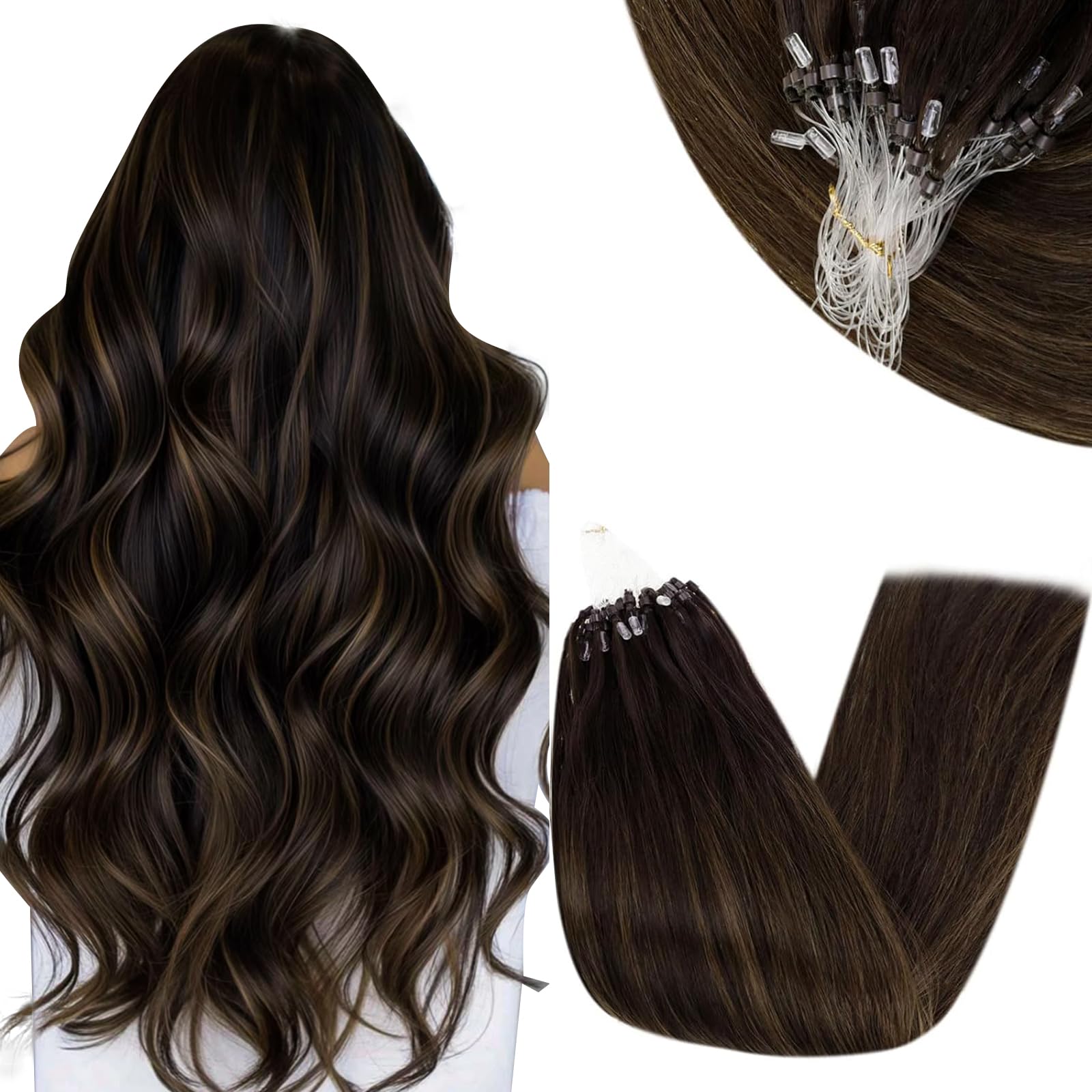 RUNATURE 18 Inch Nano Hair Extensions Real Human Hair Black Balayage Brown Nano Beads Hair Extensions Real Human Hair Ombre Blonde Invisible Straight Remy Nano Rings Hair 50g 50s #1b/4/27 — view 11