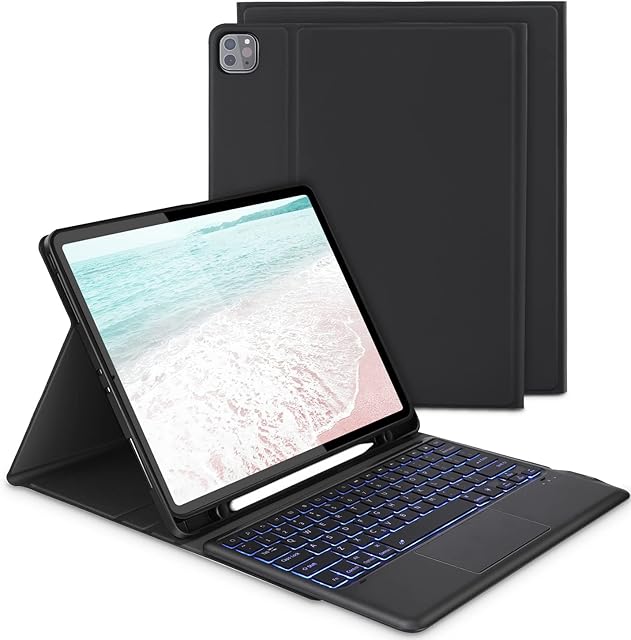 Backlit Touchpad Keyboard Case Compatible with iPad Pro 12.9 inch 2021/2020/2018, Cover with Detachable Keyboard UK Layout and Trackpad for iPad Pro 12.9" 5th Gen./ 4 Gen./ 3rd Gen, Black