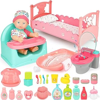deAO Baby Doll Play Set, 25 PCS Baby Dolls Accessories with Doll High Chair Seat High Crib Toy Toilet and Bathtub Pretend Play Toys Gift for Ages 3 4 5 6 7 8 9 Girls Kids