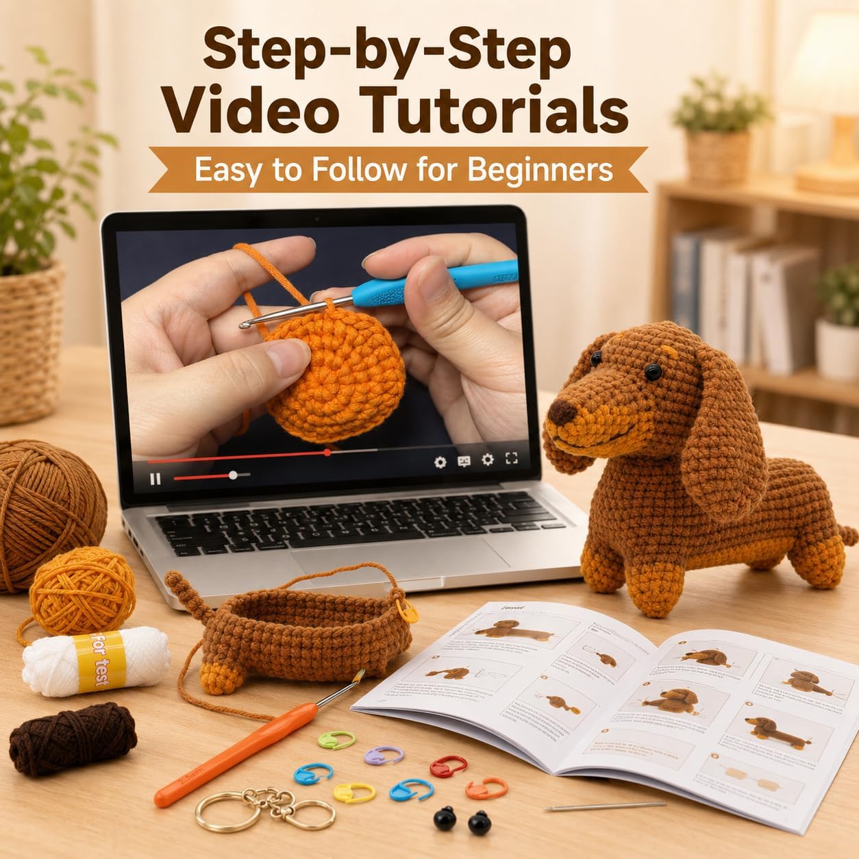 Nikolle Crochet Kit for Beginners with Step-by-Step Video Tutorials Crochet Animal Kit Crochet Starter Kits for Adults Kids - Dachshund(Brown)