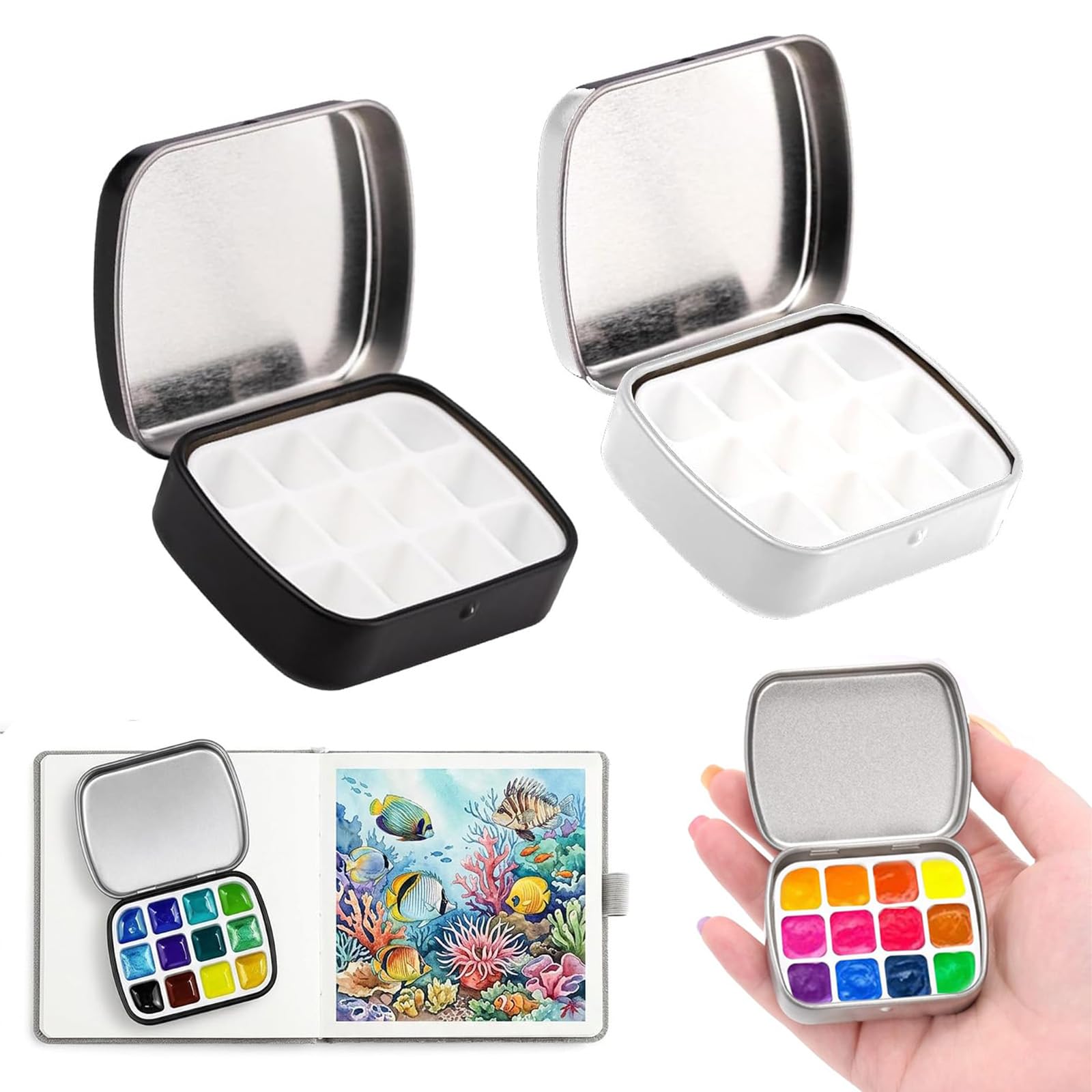 2Pcs Mini Painting Kit, Palette for Painting, Portable Watercolour Palette for Artists and Students, Compact Mini Colour for Travel, Silver and Black Paint Mixing Box Set of 2 Pieces-image-49
