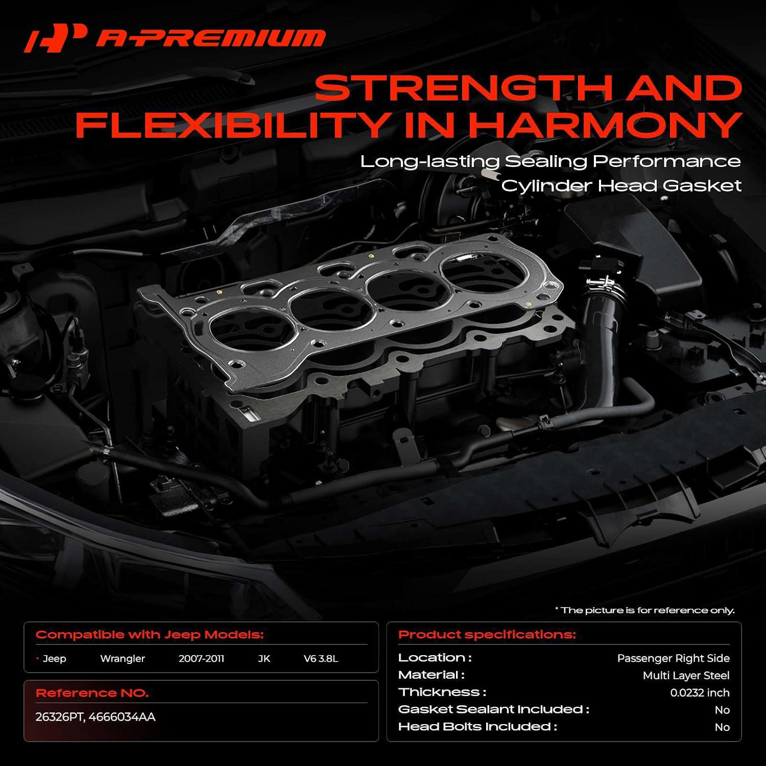 A-Premium V6 3.8L Right Engine Cylinder Head Gasket Compatible with Jeep JK Series Wrangler 2007 2008 2009 2010 2011, Passenger Side, Multi-Layer Steel