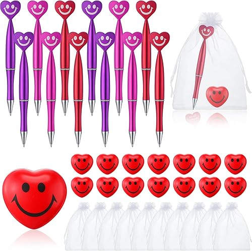 72 bolsas de regalo para fiesta de San Valentín, bolígrafos de corazón, bolas de estrés kawaii, lindo bolígrafo con cara sonriente y cara, mini bola