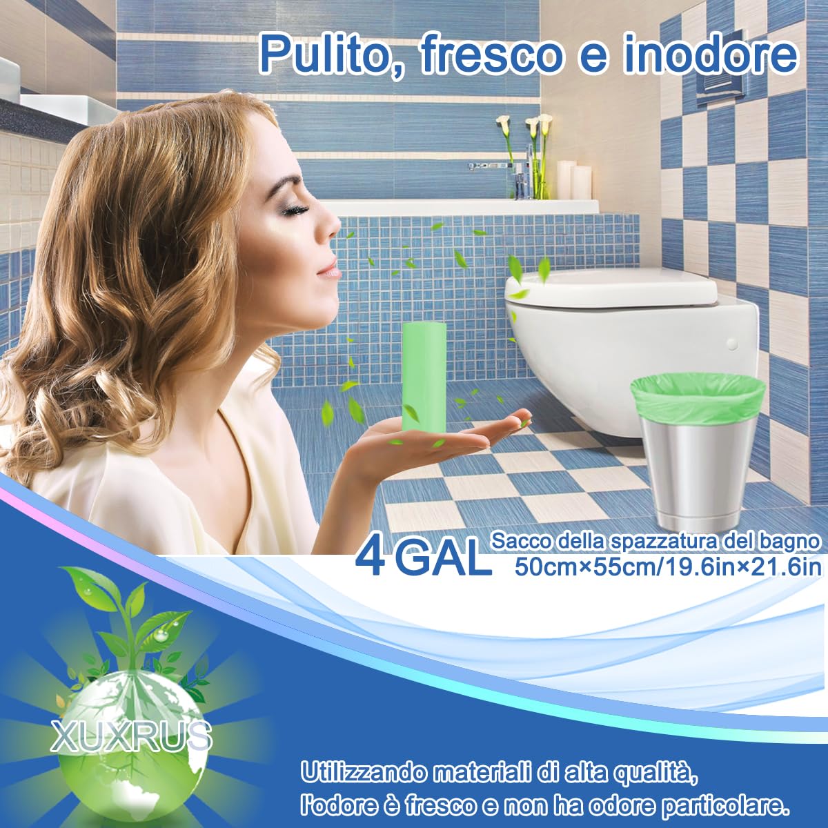 XUXRUS 100 Pezzi Sacchetti Immondizia 15 Litri, 50×55cm, Sacchetti Spazzatura Piccoli, Sacchi Rifiuti, Verde, Antistrappo, Resistenti, Alta Qualità per Bagno, Cucina, Soggiorno