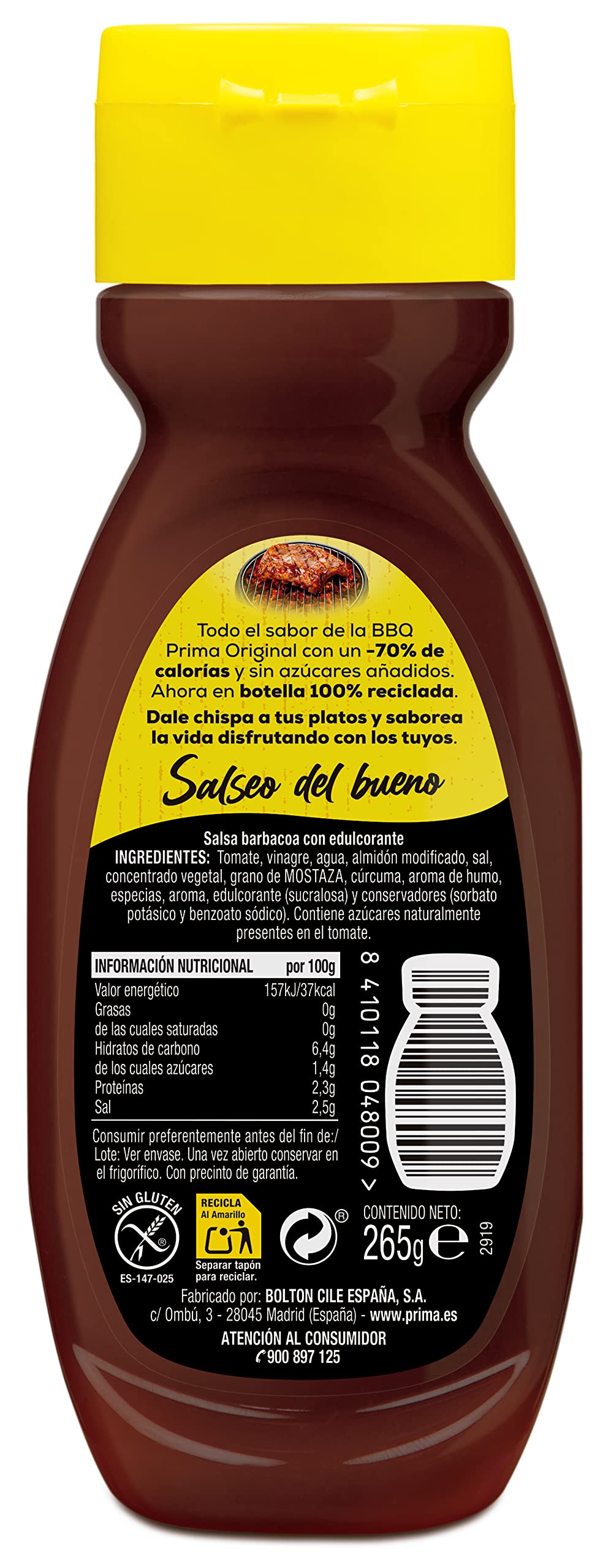Prima salsa barbacoa sin azúcares añadidos 265 g