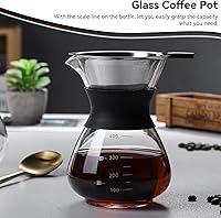 Vista 3 de HERCHR Cafetera vertida con filtro de acero inoxidable, cafetera de vidrio, olla de goteo, cafetera de vidrio reutilizable, cafetera manual