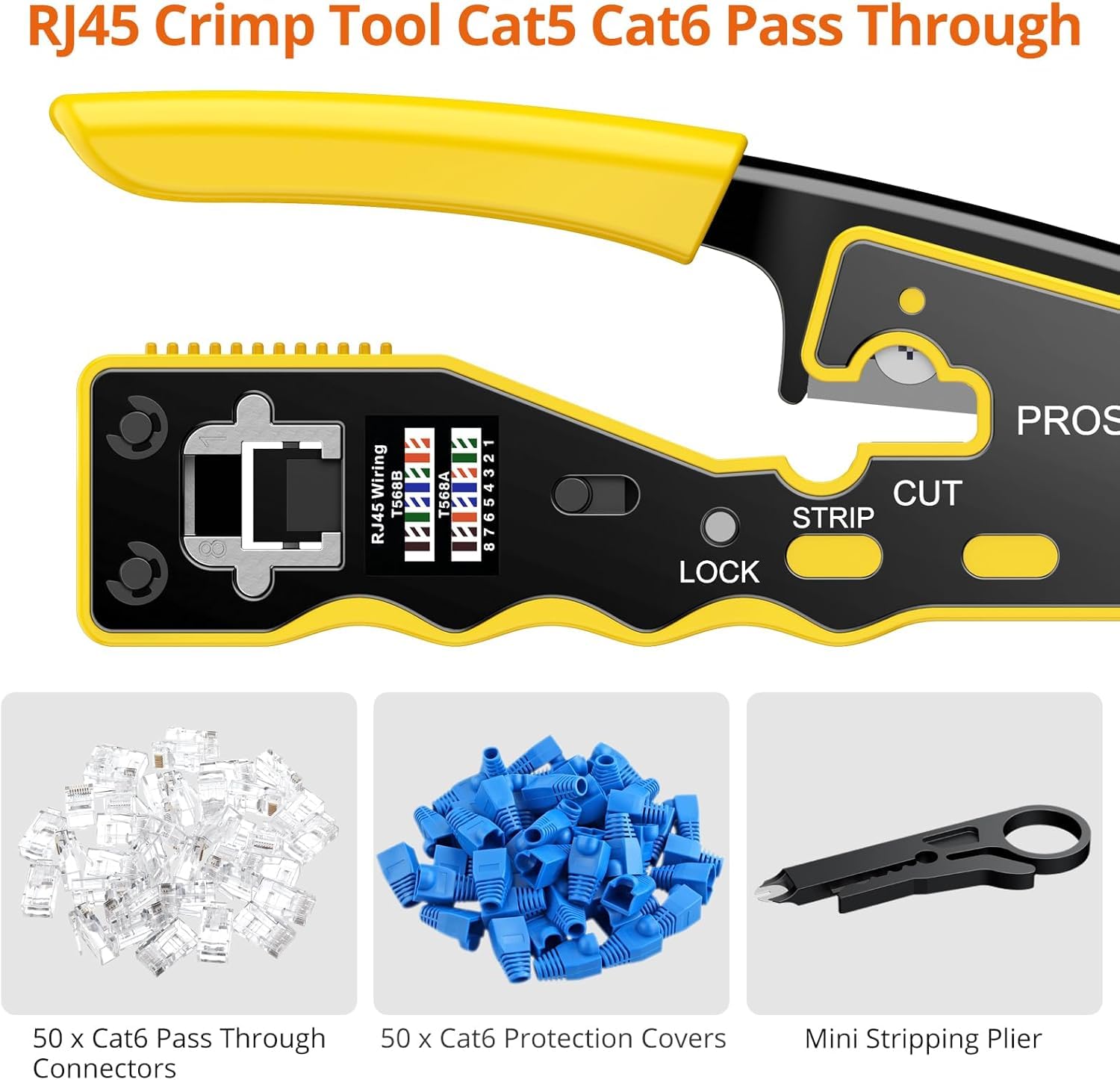 Proster Zestaw narzędzi do zaciskania RJ45 – zaciskacz przelotowy RJ45 do Cat6 Cat6a Cat5 Cat5e z 50 szt. złączami przelotowymi CAT6, 50 szt. pokrowców ochronnych Cat6, narzędzie do zaciskania