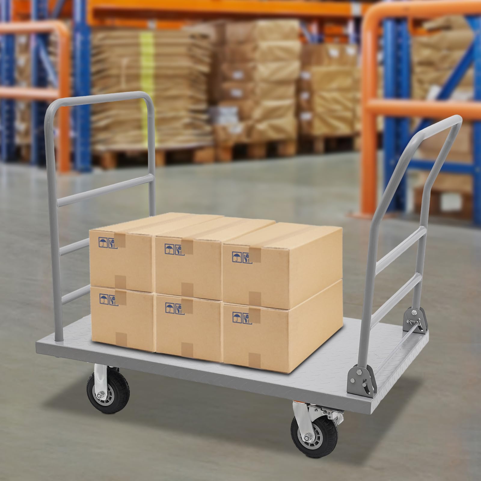 Plattformwagen bis 907kg,Transportwagen mit klappbar Griff abnehmbarer Schutzbügel,106.68x63.5cm Antirutsch-Ladefläche & 4xø15.62cm Gummiräder mit 2 Bremsen,Plattformwagen für Baustelle Lager Logistik
