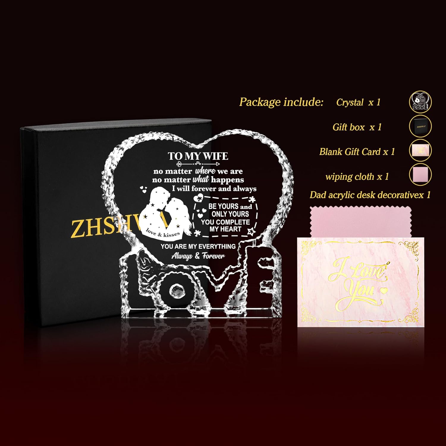 ZHSHWAT Valentines Day Gifts for Wife, I Love You Gifts for Her, to My Wife Crystal Keepsake Gift from Husband,Christmas Wedding Anniversary Birthday Gift for Wife - Image 4