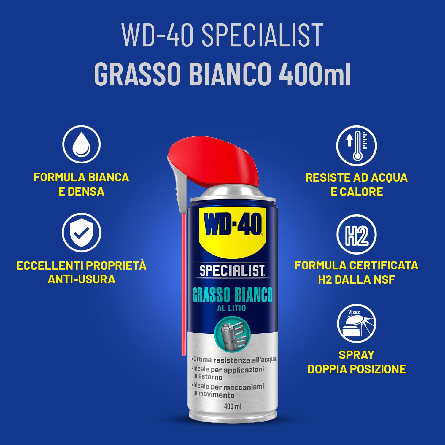 WD-40 - Specialist - Grasso Bianco al Litio - Lubrificante a lunga durata - Resistente all’acqua, al calore, eccellenti proprietà antiusura - Compatibile con plastica, gomma e metalli - NSF H2-400ml