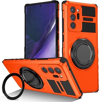 Phone Case for Samsung Galaxy Note 20 Ultra Compatible with Magsafe with Metal Magnetic Ring Stand Silicone&PC Cover, Heavy Duty Rugged Hard Military Grade Shockproof Protective Orange