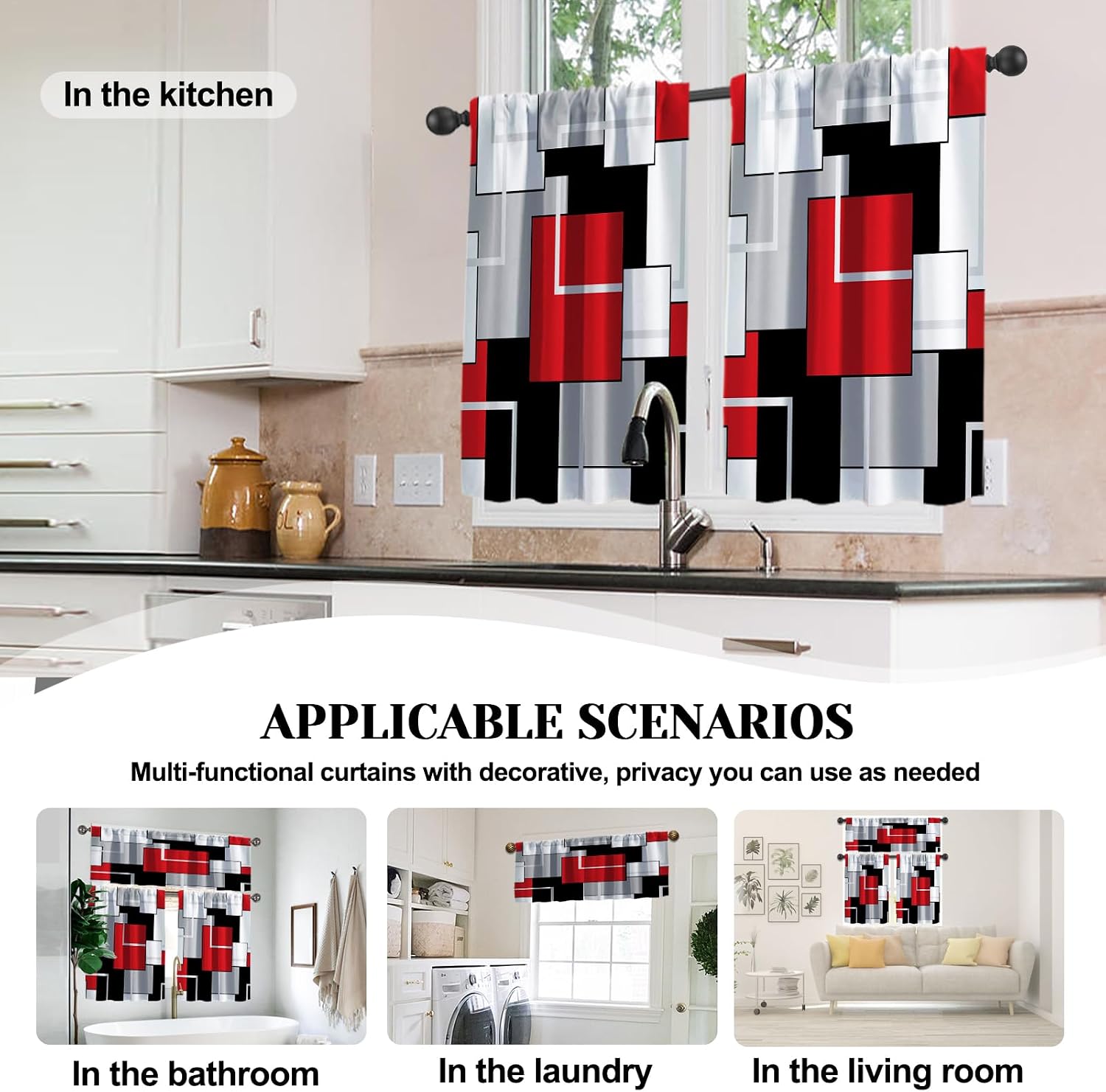 MCALK Red Kitchen Curtains Tiers and Valances Set for Windows, Geometric Modern Art Kitchen Window Curtains, Grey and Black Valances for Living Room (36" Tiers Set)