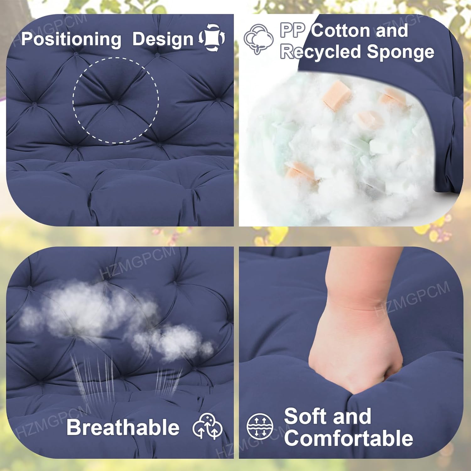 Extra Thick 5" Waterproof Porch Swing Cushions Outdoor 60 inch Swing Cushions 3 Seater Replacement with Backrest and Ties for Outdoor Furniture Patio Bench Garden(Navy Blue)