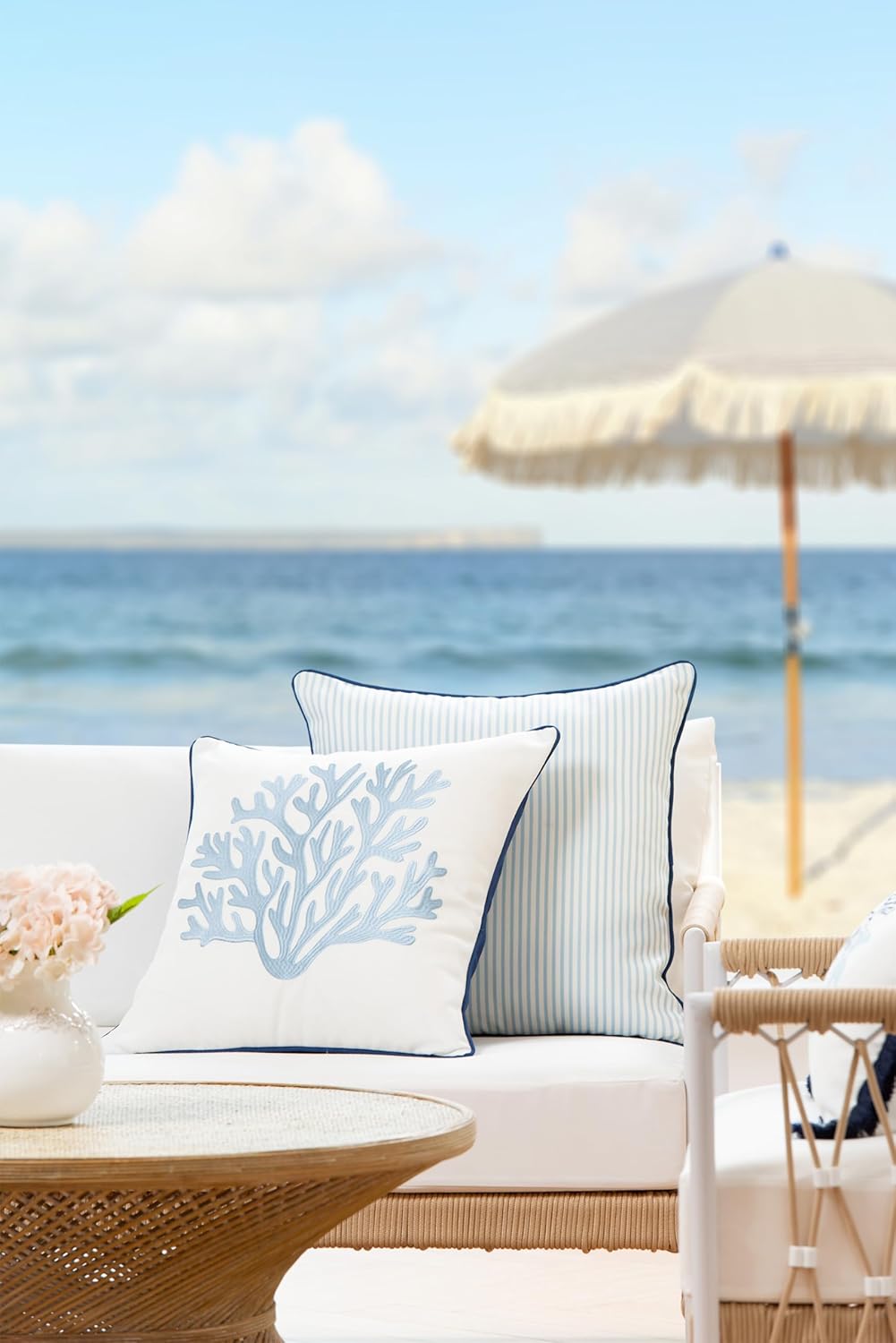 Hofdeco Premium Coastal Patio Indoor Outdoor Throw Pillow Cover Only, 20"x20" Water Repellent for Backyard, Couch, Navy Baby Blue Embroidered Sea Life Coral with Piping - Image 2