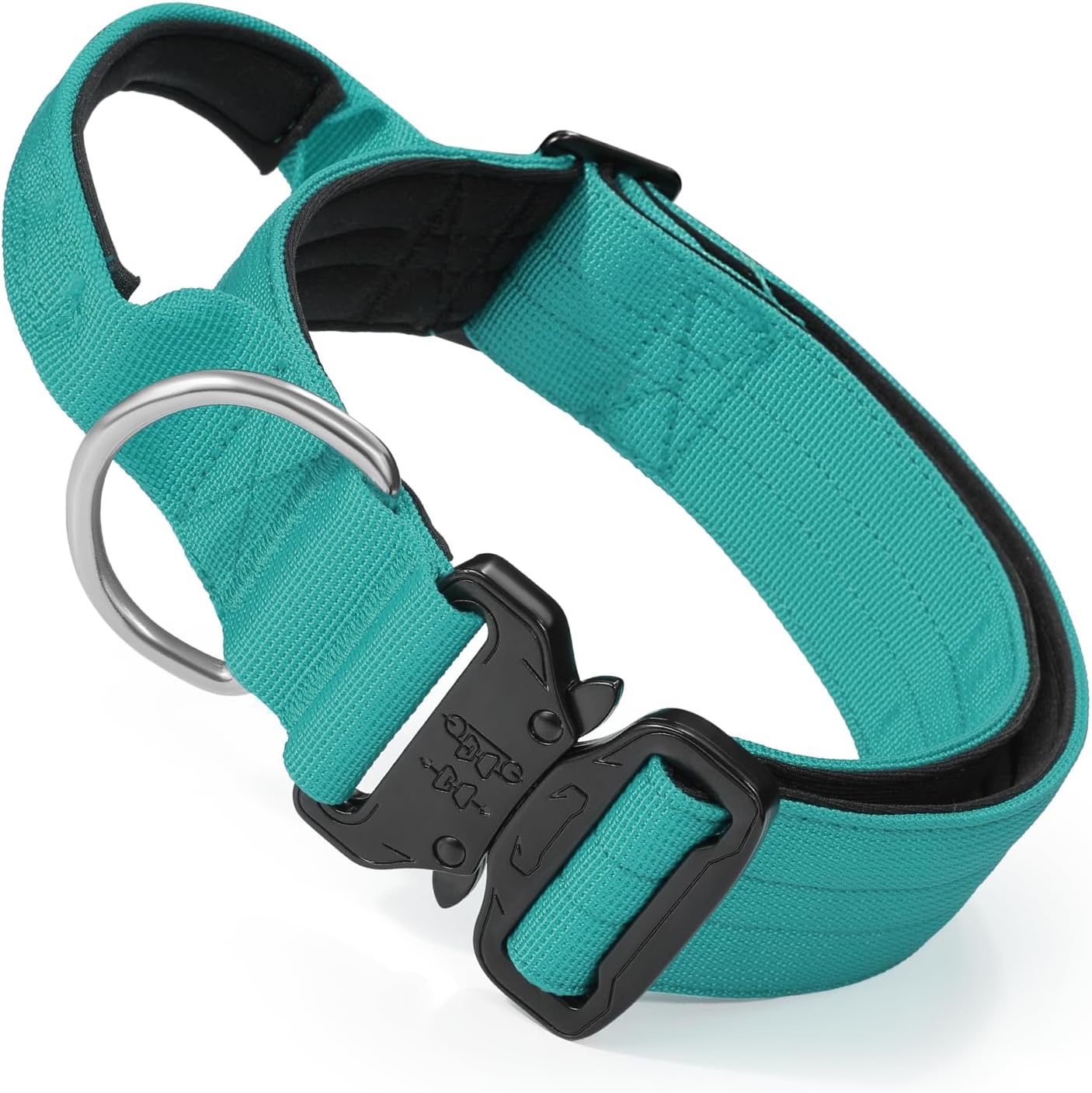 MoNiBloom Tactical Dog Collar with Handle, 1.5 Inch Wide Heavy Duty Military Collar for Medium Large Dog Walking, Training, Running, Teal