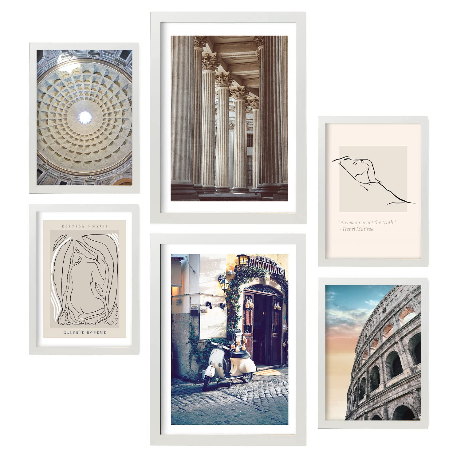 Nacnic - 6 Cuadros Decorativos Arte Vintage Roma - Pósters Fotos para Decorar Interiores - Láminas Artísticas Colgantes Pared - A3 y A4 - Marco Blanco