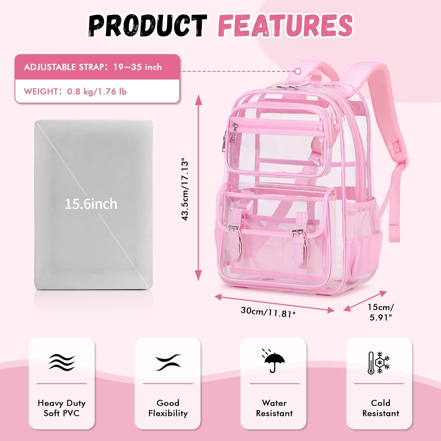 Large Clear Backpack Transparent Heavy Duty School PVC Bookbag See Through Bag Boys and Girls for College Work Travel Security, Pink