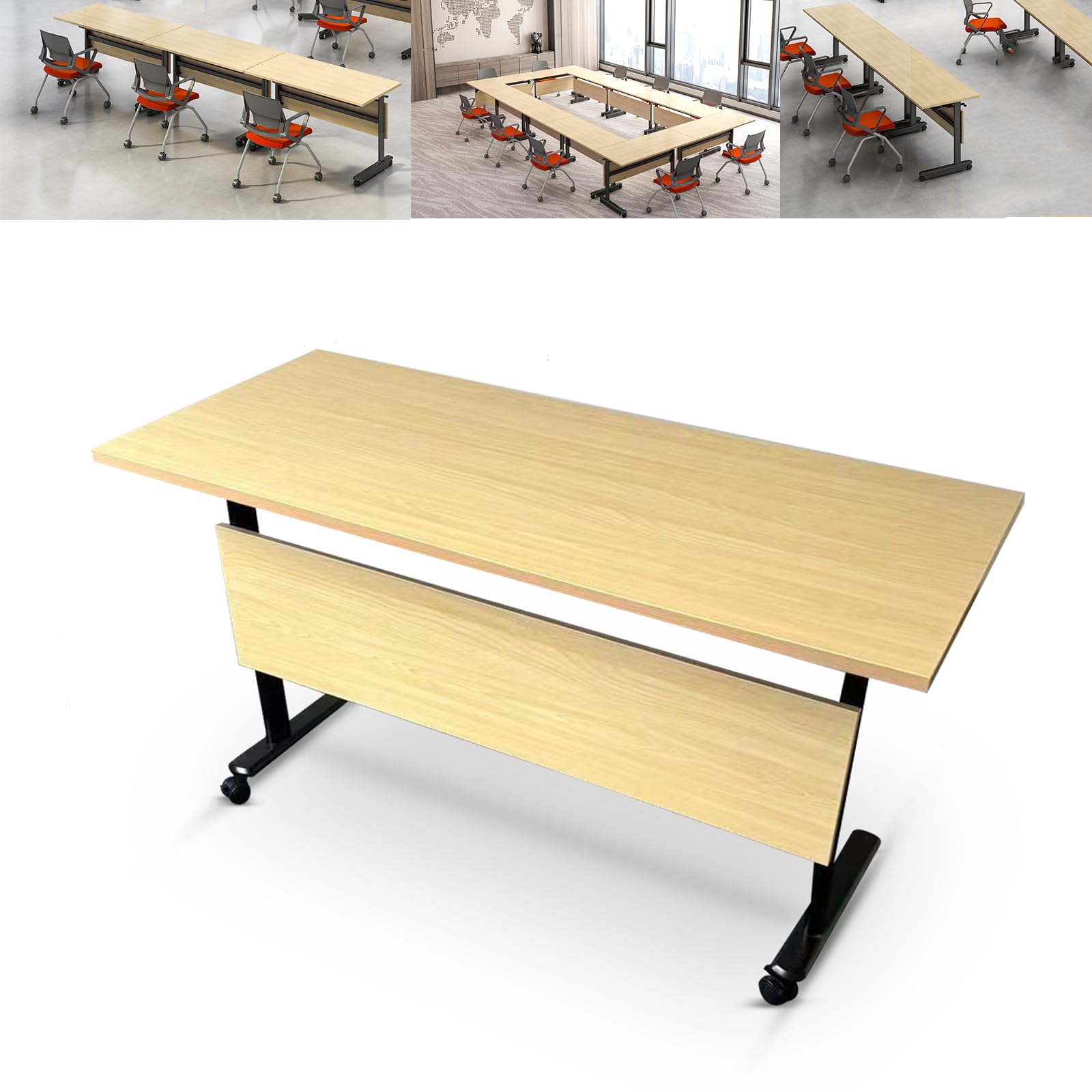 Table de conférence pliante moderne érable à roulettes au design épuré pour salle de direction