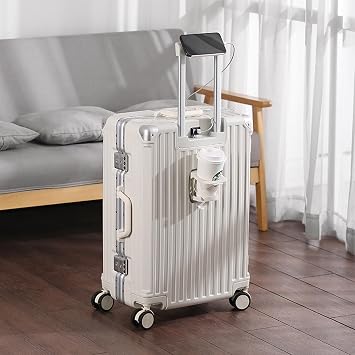 FREEFLY Hard Shell Suitcases Cabin Suitcase Medium Suitcase 4 Wheels Carry on Luggage Lightweight Suitcase with USB Charging Port Folding Cup Holder,Black,22in